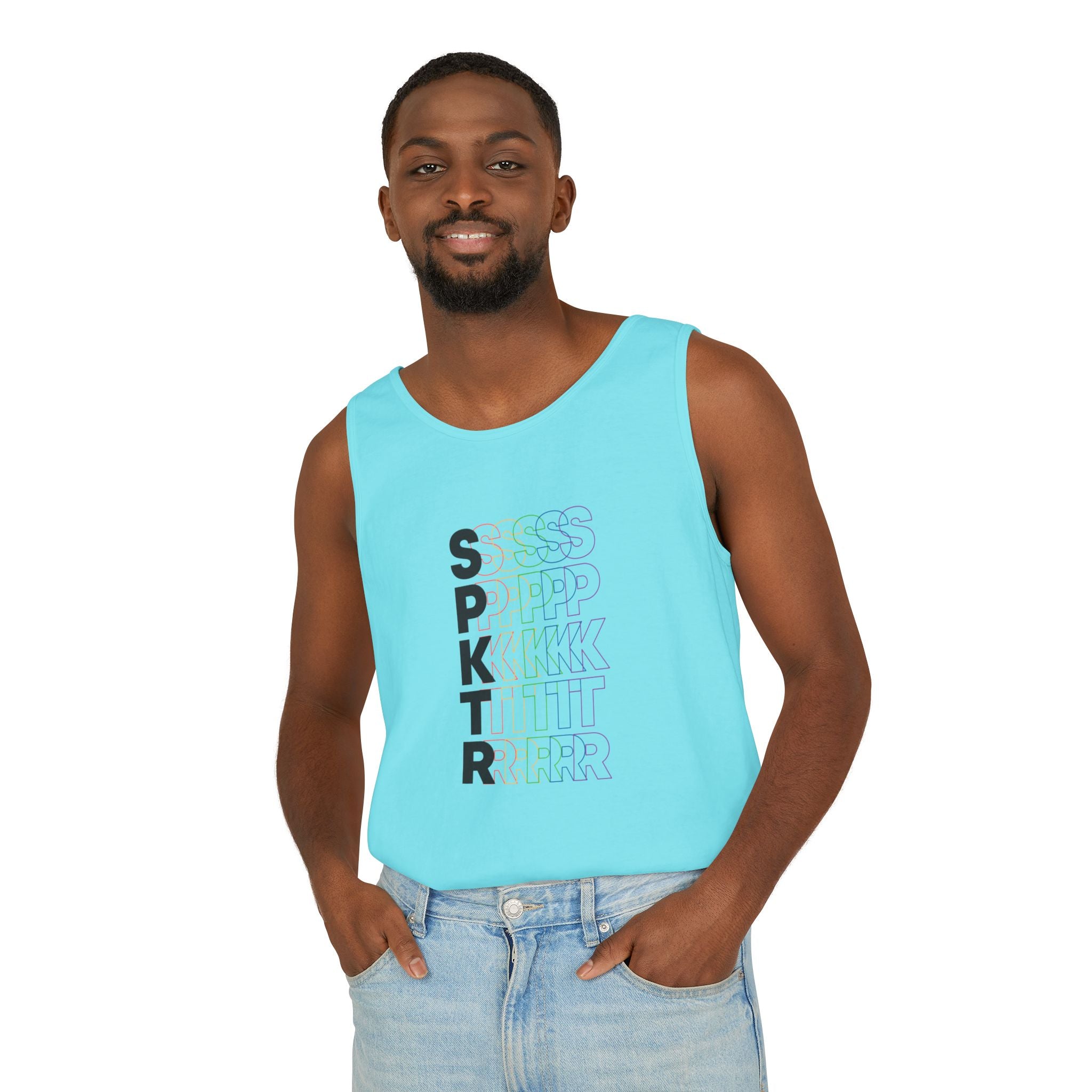 Neon Red Orange graphic tank top featuring the SPKTR Pride rainbow design celebrating neurodiversity and LGBTQIA+ pride.
