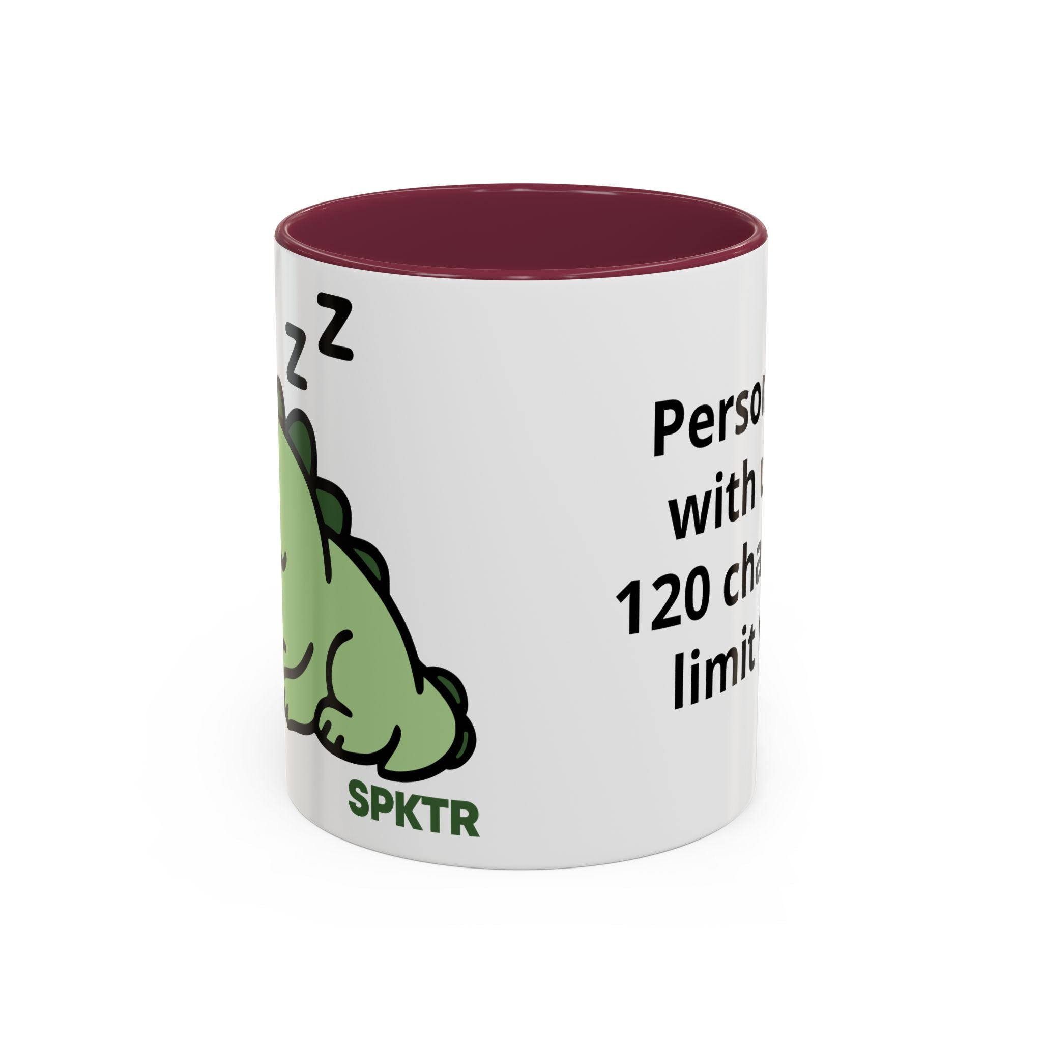11 oz Maroon-accent personalized accent coffee mug featuring Sleepy Teeny-Rex cute sleeping dinosaur illustration.