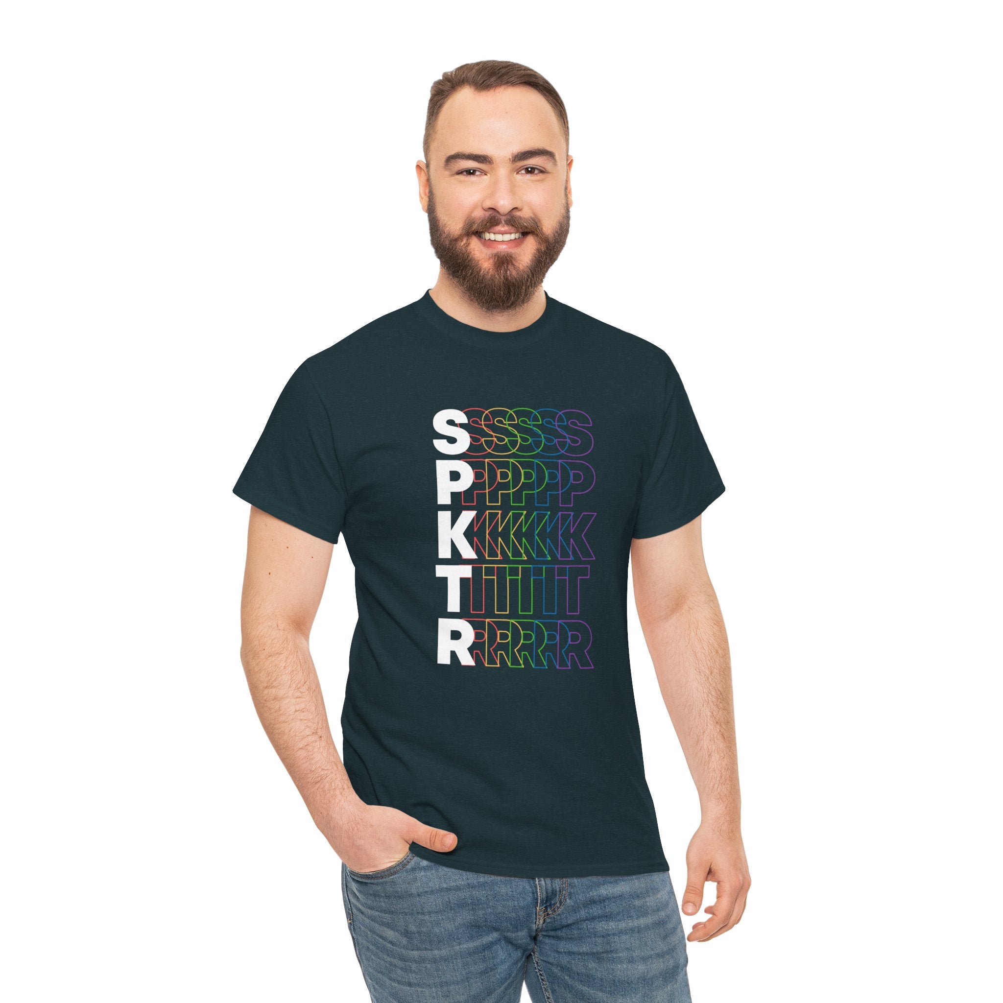 Indigo Blue T-shirt featuring the SPKTR Pride rainbow design celebrating neurodiversity and LGBTQIA+ pride.
