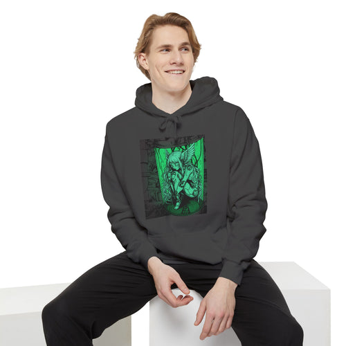 Crimson hoodie featuring Angel Cyborg I green cybernetic angel artwork by Anna Aguiar.