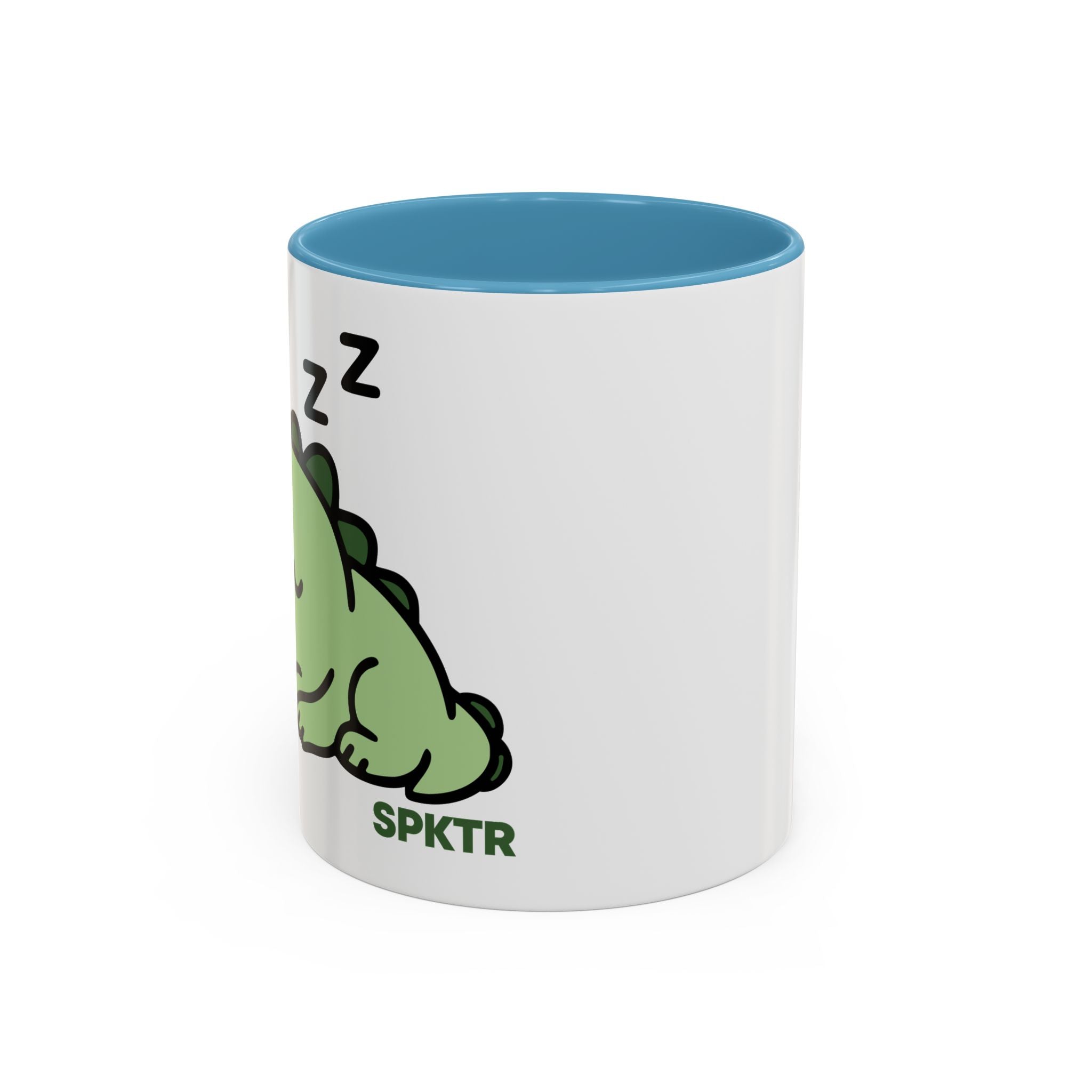 11 oz Light Green-accent accent coffee mug featuring Sleepy Teeny-Rex cute sleeping dinosaur illustration.