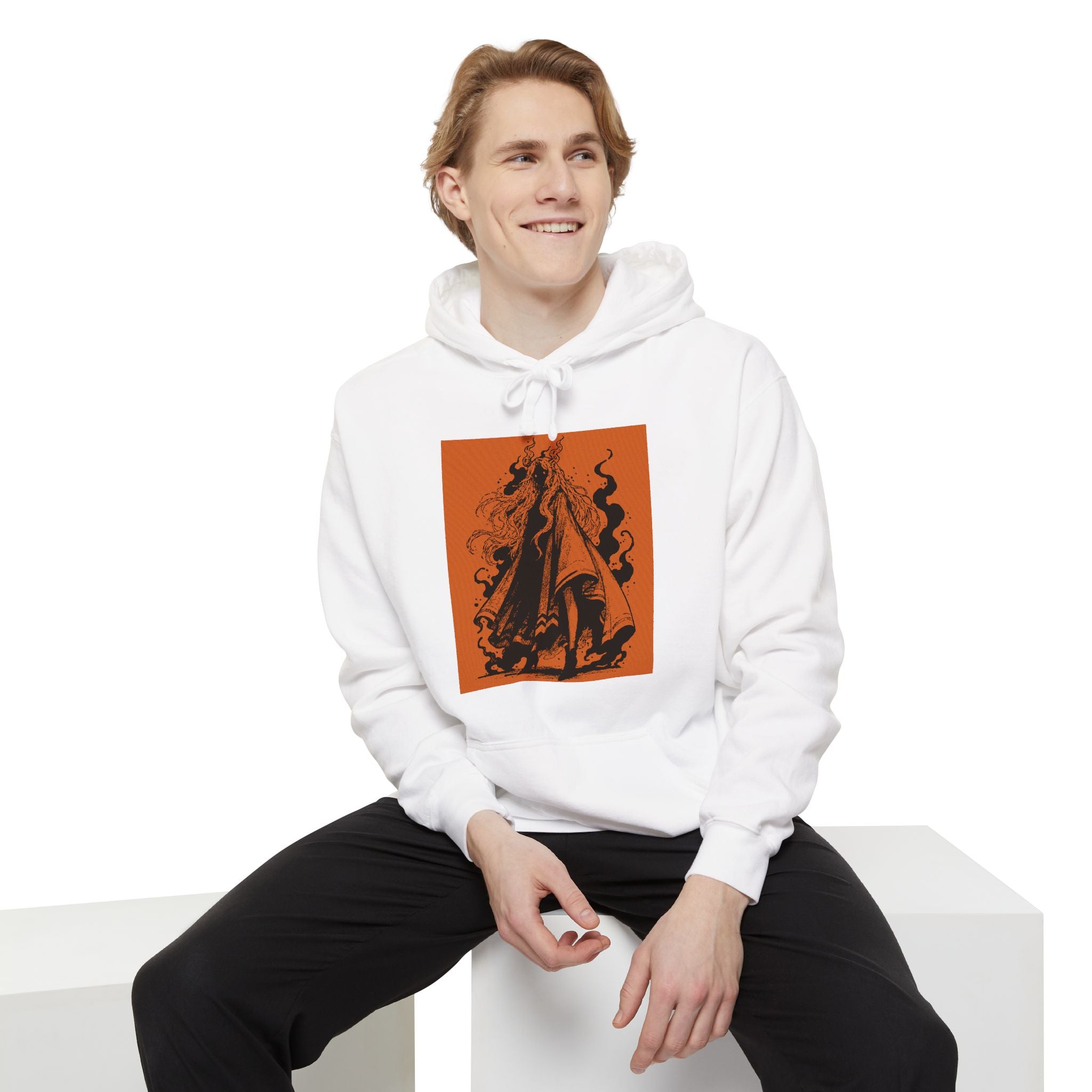 Flo Blue hoodie featuring The Void black-and-orange surreal angel artwork by Anna Aguiar.