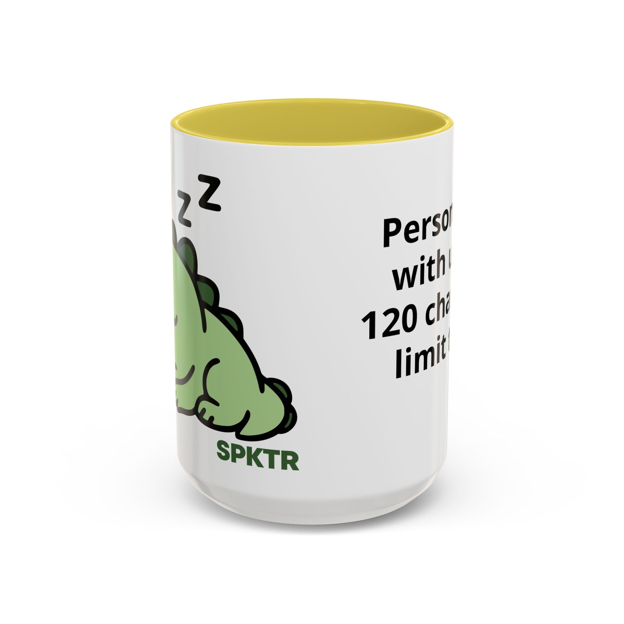 15 oz Yellow-accent personalized accent coffee mug featuring Sleepy Teeny-Rex cute sleeping dinosaur illustration.