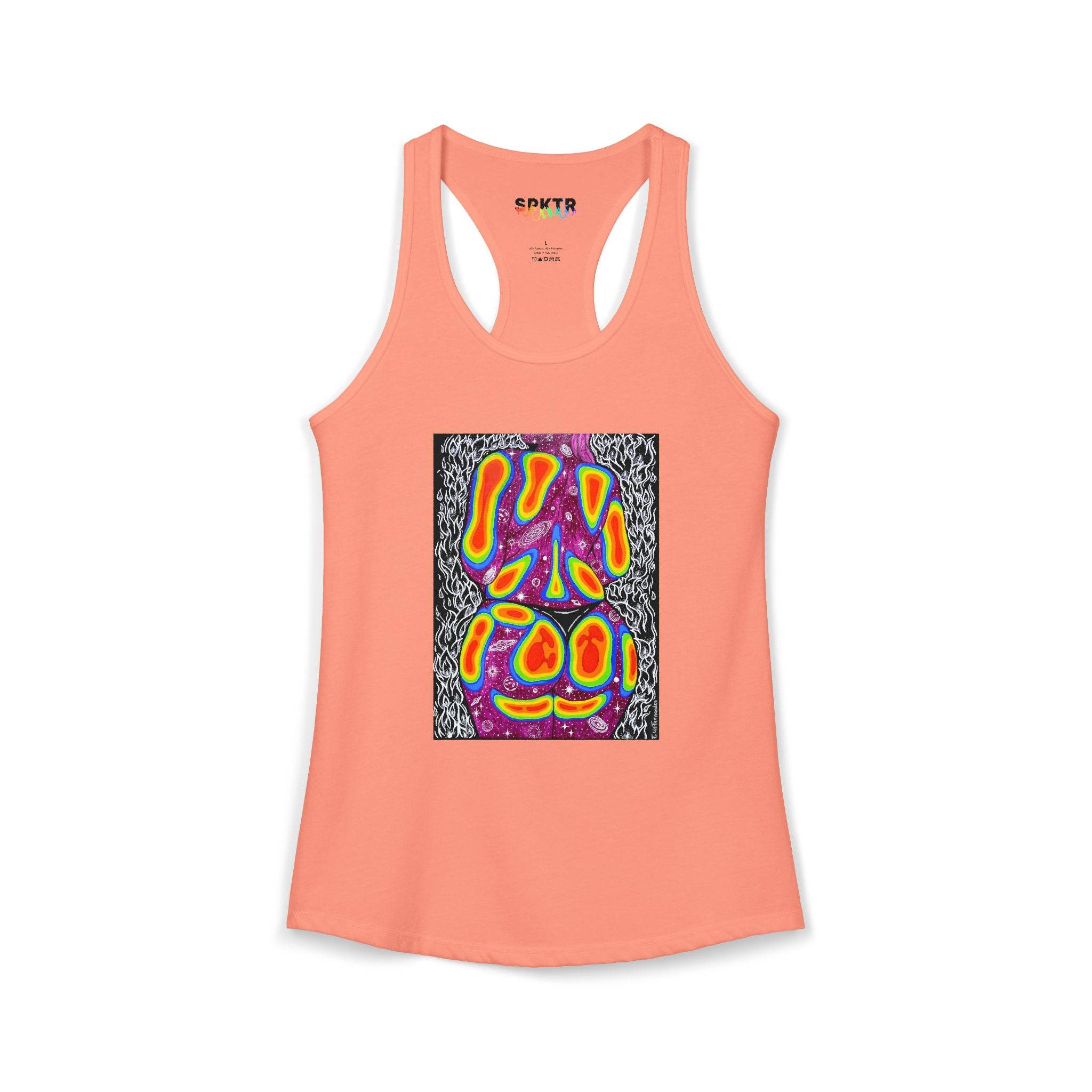 Solid Kelly Green women's racerback tank top featuring Mulher, Um Universo cosmic portrait artwork by Elis Fernandes.
