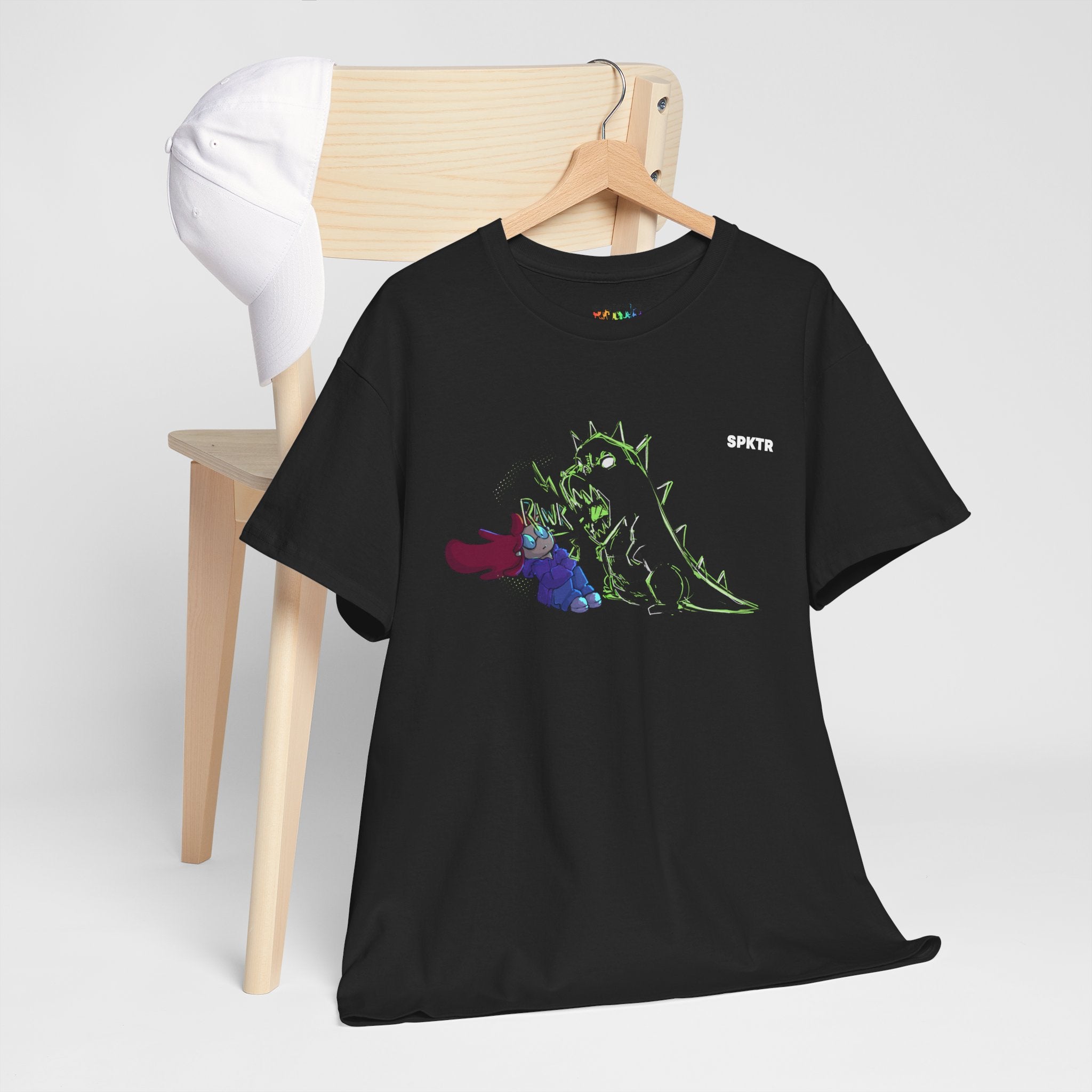 Charcoal T-shirt featuring RAWR! girl and roaring T-Rex artwork by Leticia Ribeiro.