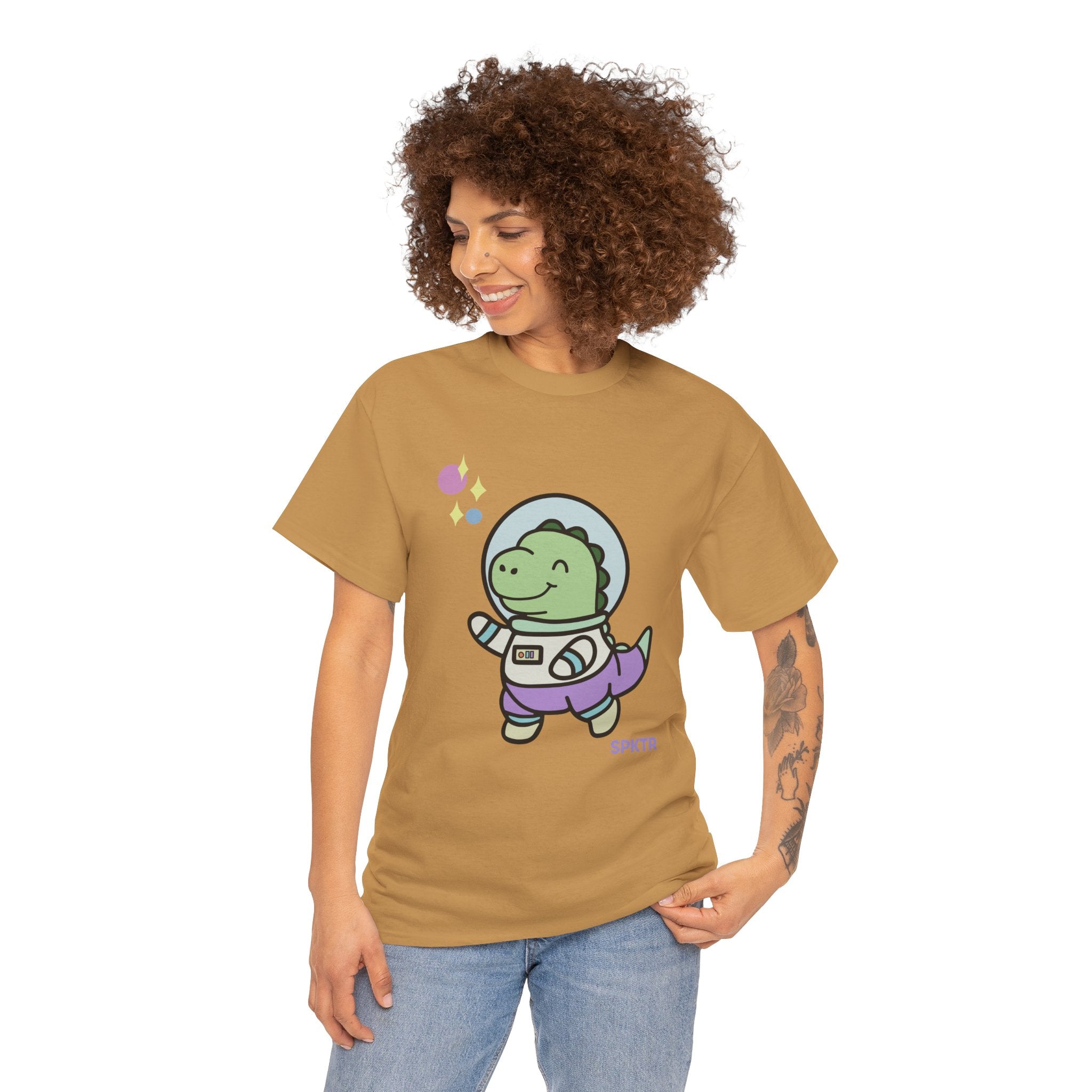 Sapphire T-shirt featuring Astronauta, a smiling Teeny-Rex dinosaur floating through space.