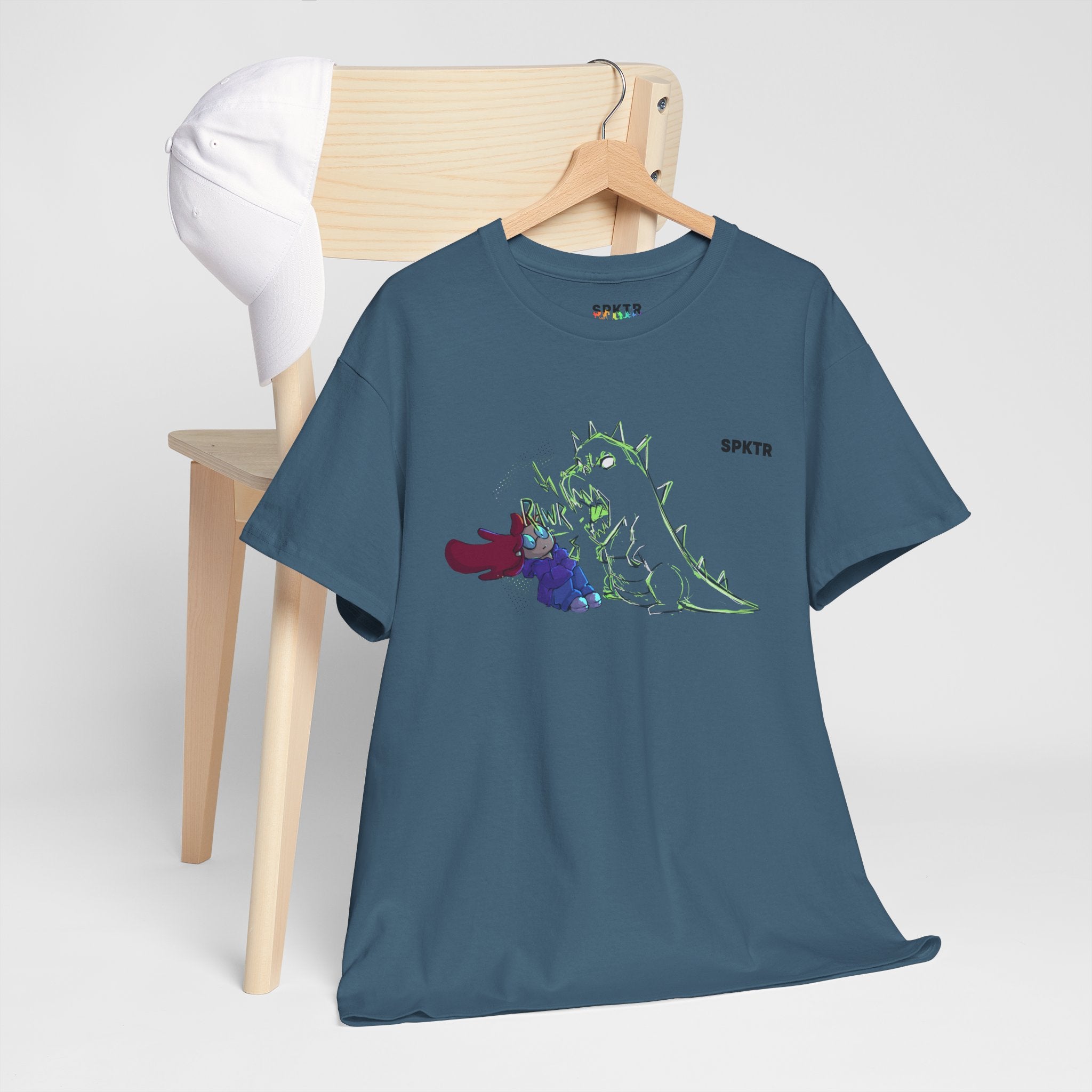Violet T-shirt featuring RAWR! girl and roaring T-Rex artwork by Leticia Ribeiro.