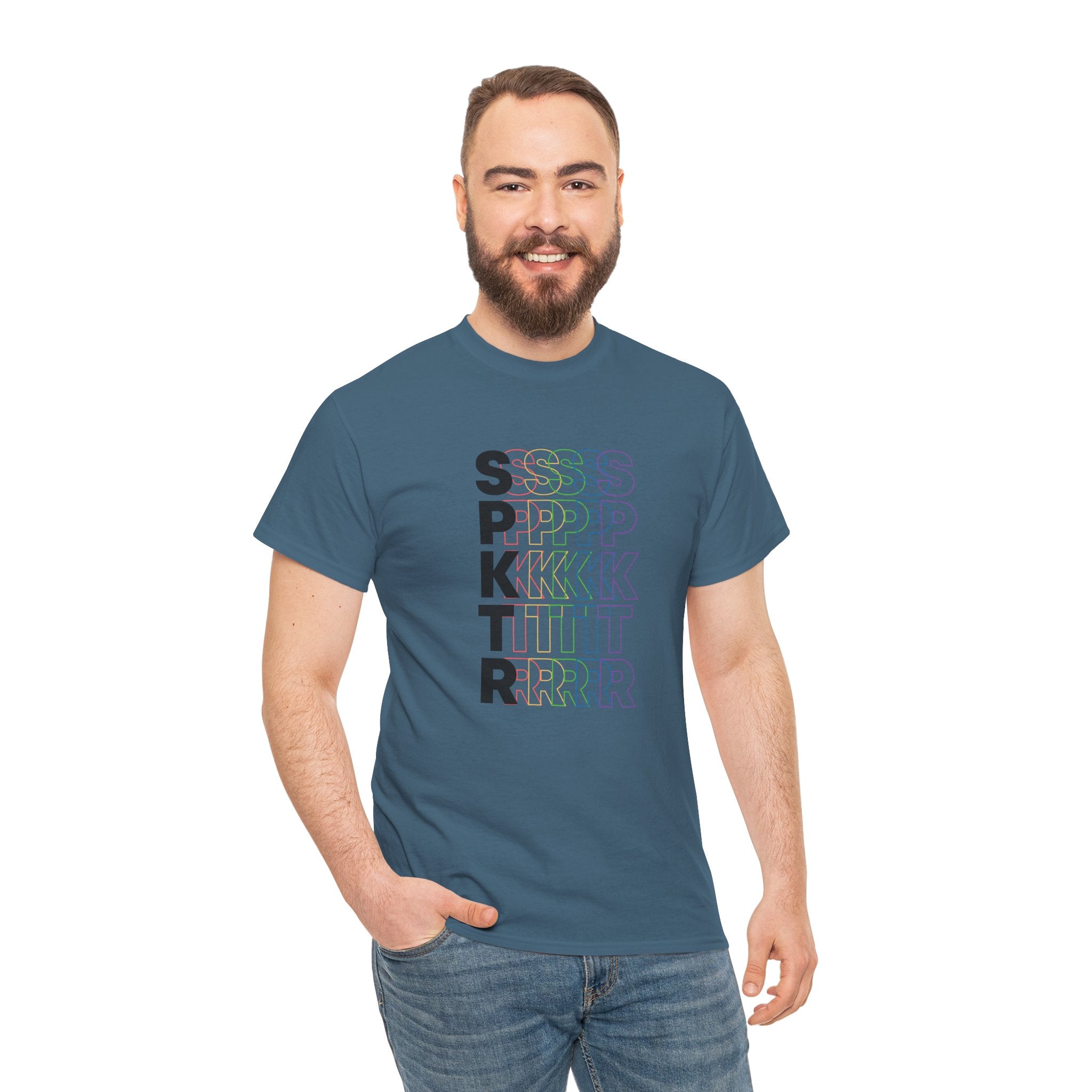 Gravel T-shirt featuring the SPKTR Pride rainbow design celebrating neurodiversity and LGBTQIA+ pride.