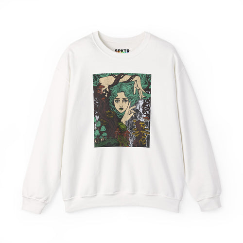 Dark Heather crewneck sweatshirt featuring Aquela que Germina na Morte dark-fantasy woman and woodland artwork by Anna Aguiar.