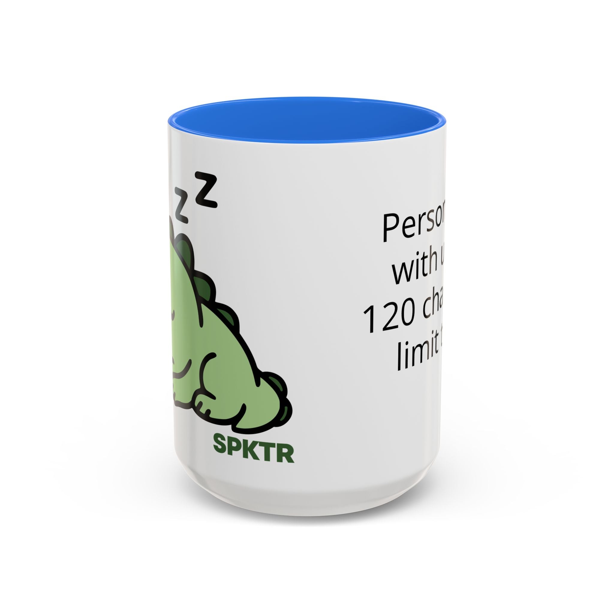 15 oz Cambridge Blue-accent personalized accent coffee mug featuring Sleepy Teeny-Rex cute sleeping dinosaur illustration.