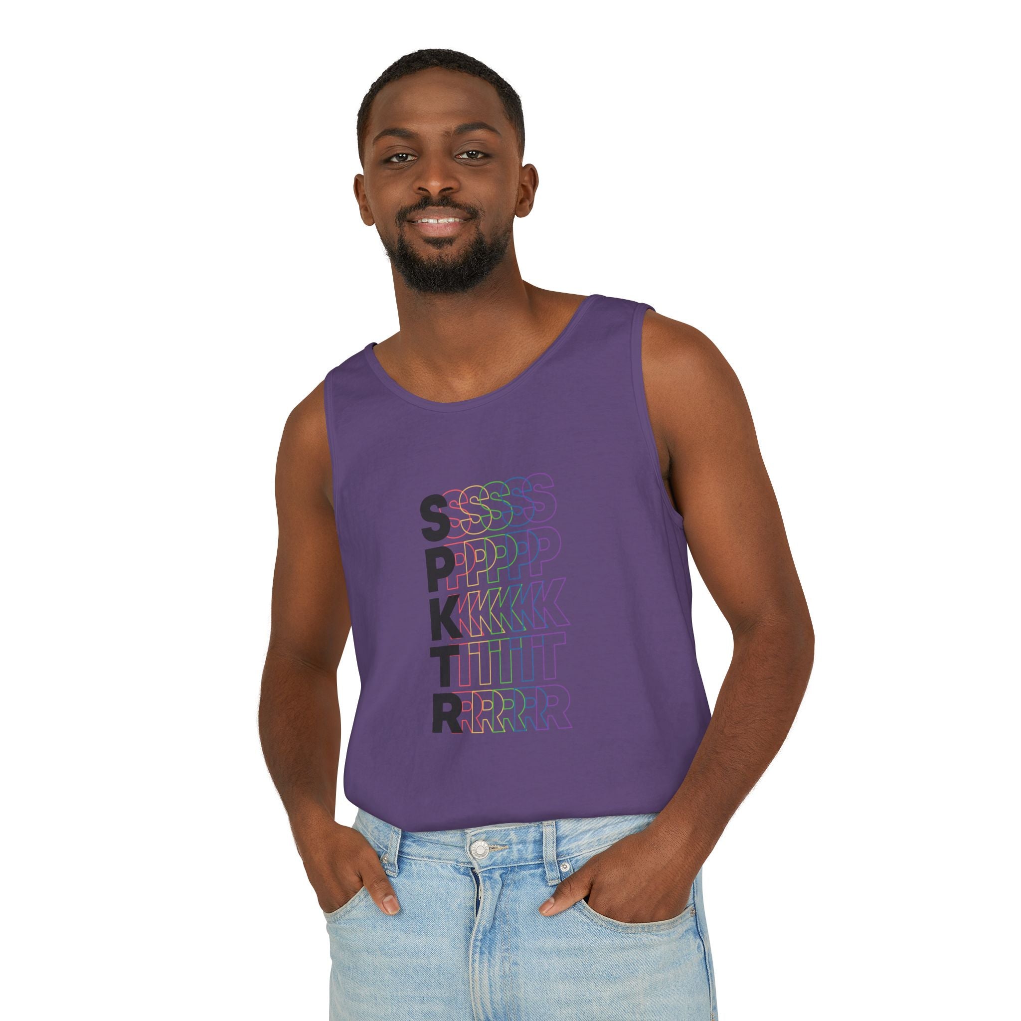 Ivory graphic tank top featuring the SPKTR Pride rainbow design celebrating neurodiversity and LGBTQIA+ pride.