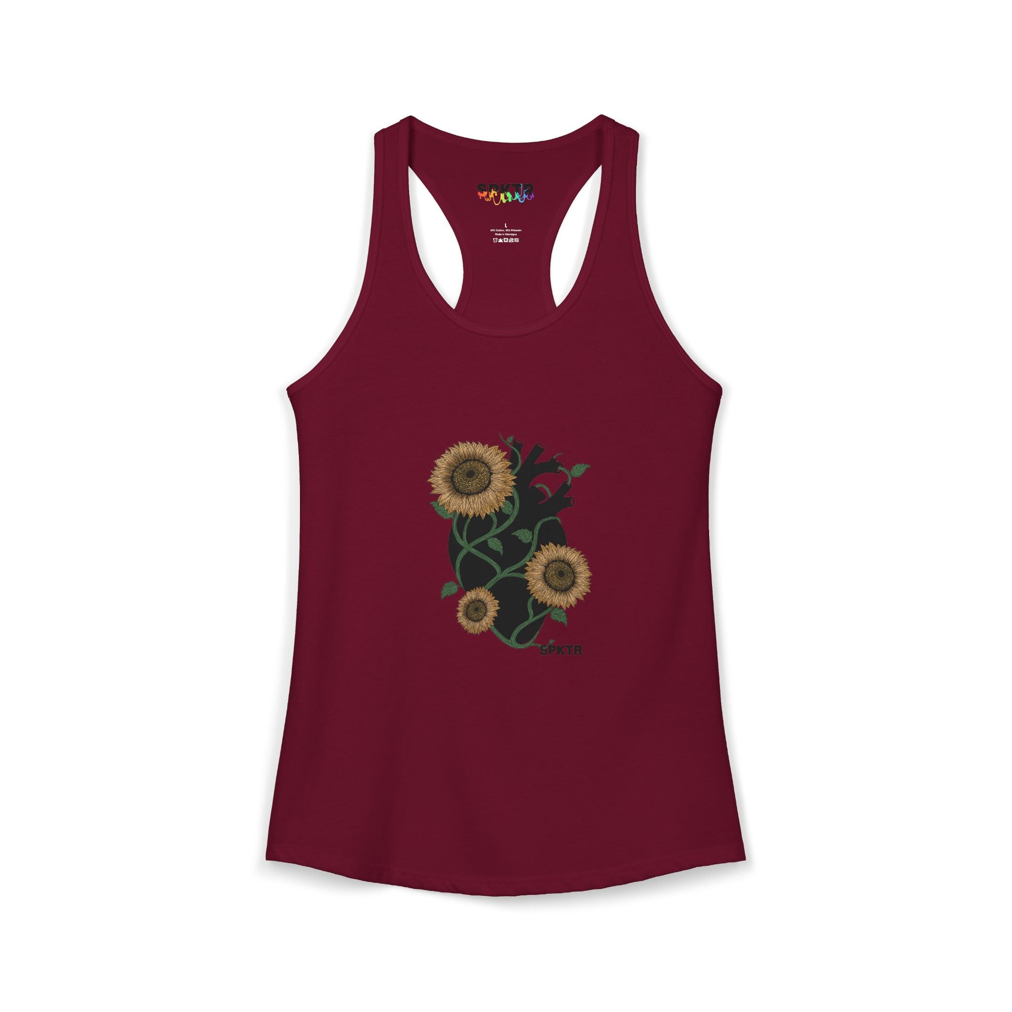 Solid Dark Gray women's racerback tank top featuring the Florescer sunflower-and-heart neurodiversity design.