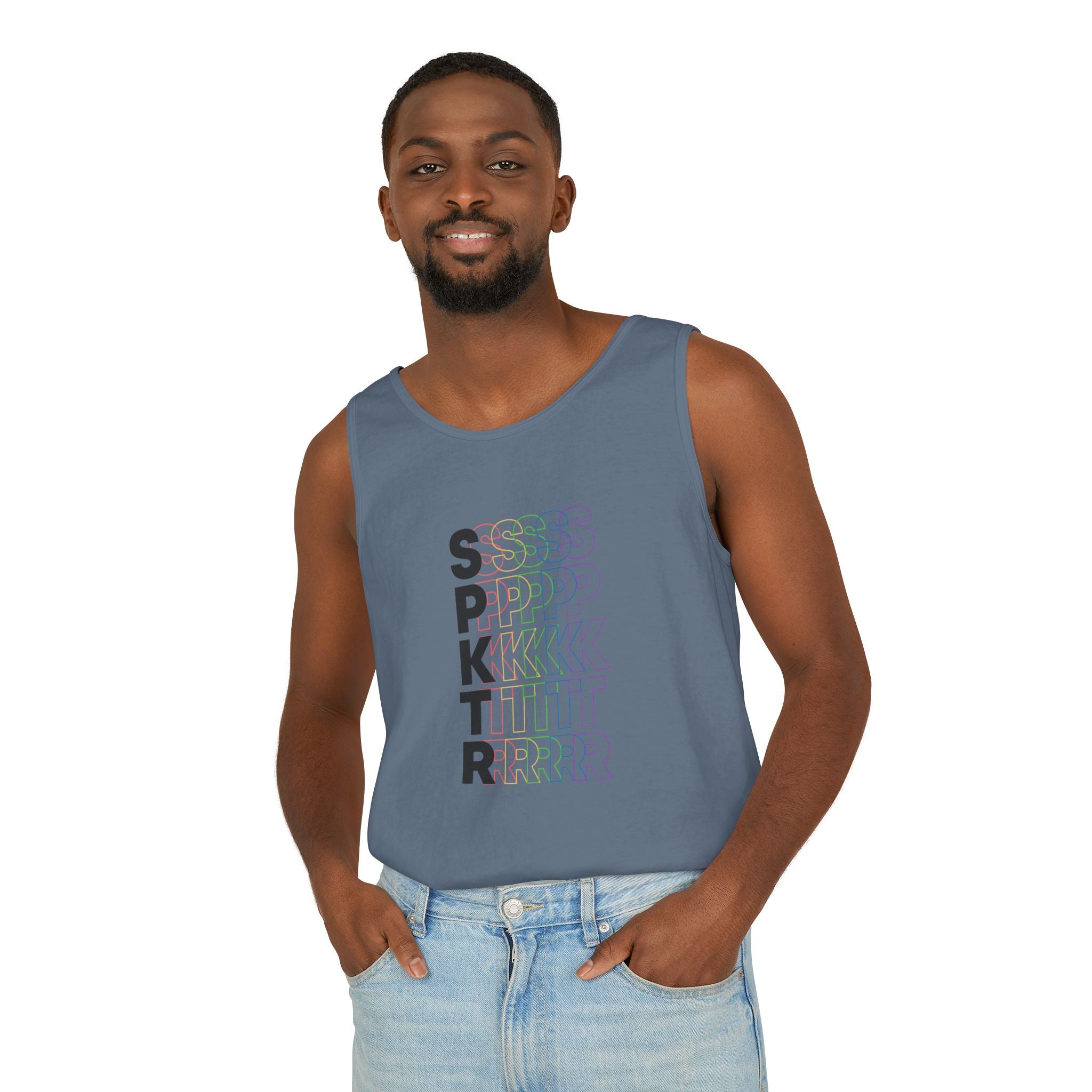 Grape graphic tank top featuring the SPKTR Pride rainbow design celebrating neurodiversity and LGBTQIA+ pride.