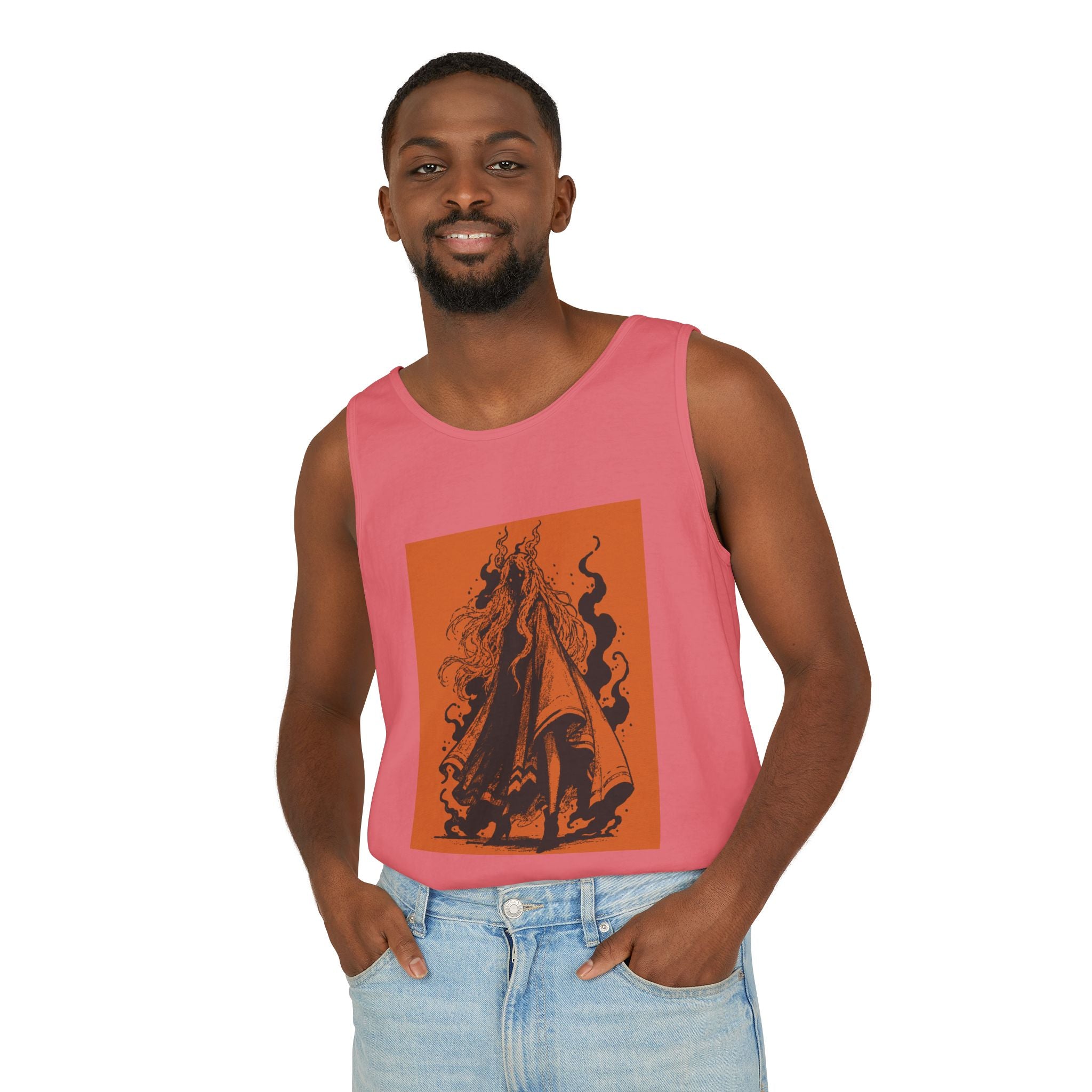 Melon graphic tank top featuring The Void black-and-orange surreal angel artwork by Anna Aguiar.