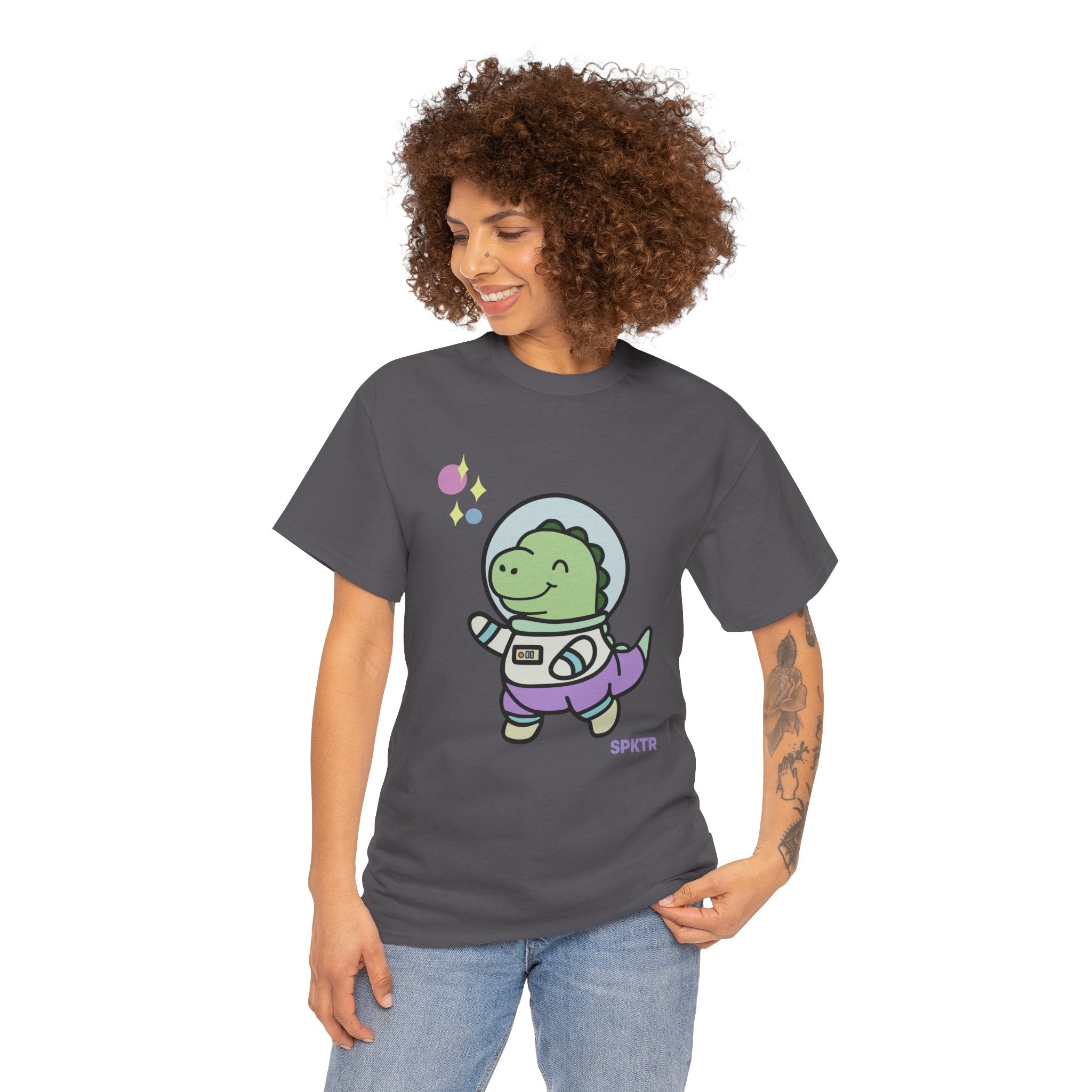 Black T-shirt featuring Astronauta, a smiling Teeny-Rex dinosaur floating through space.