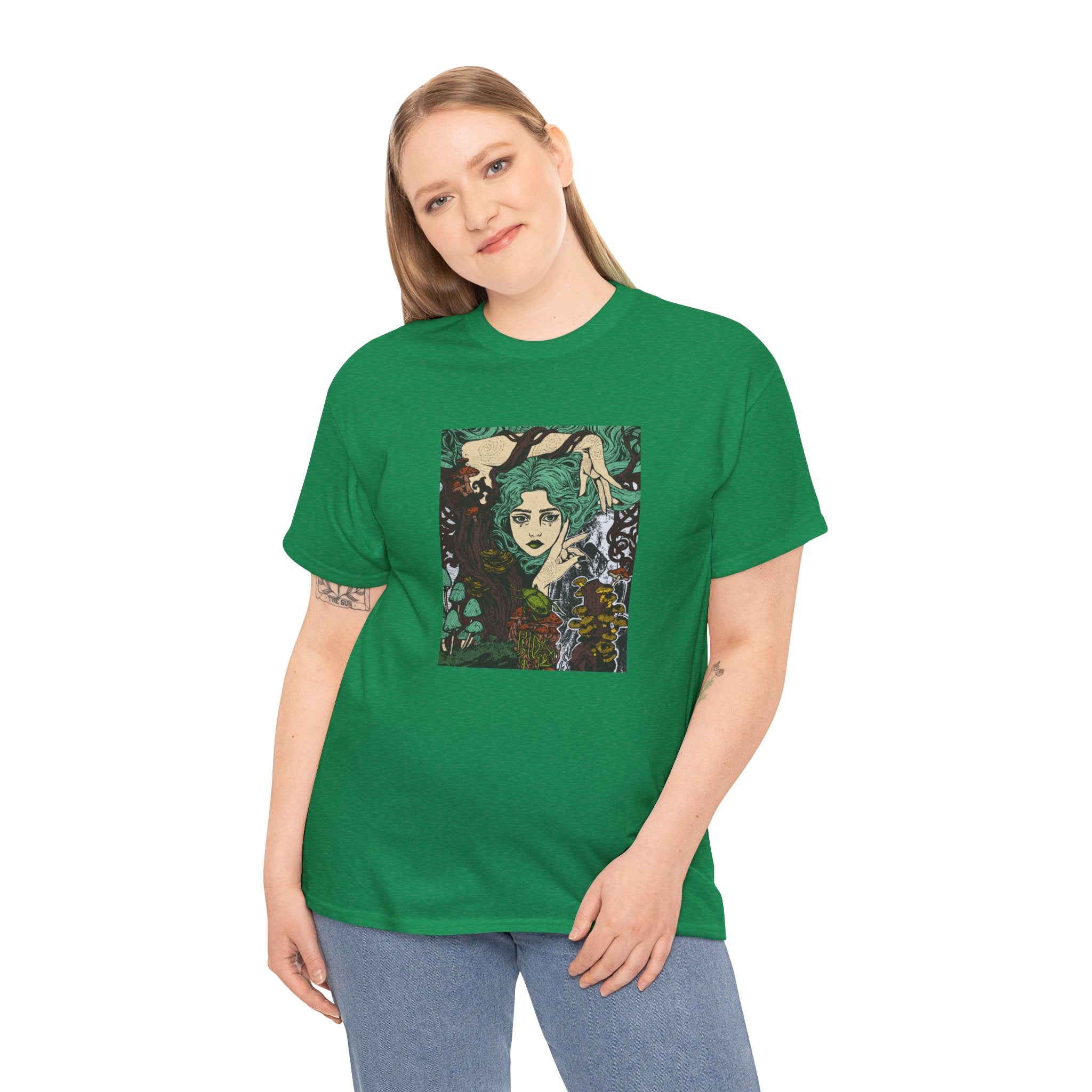 Military Green T-shirt featuring Aquela que Germina na Morte dark-fantasy woman and woodland artwork by Anna Aguiar.