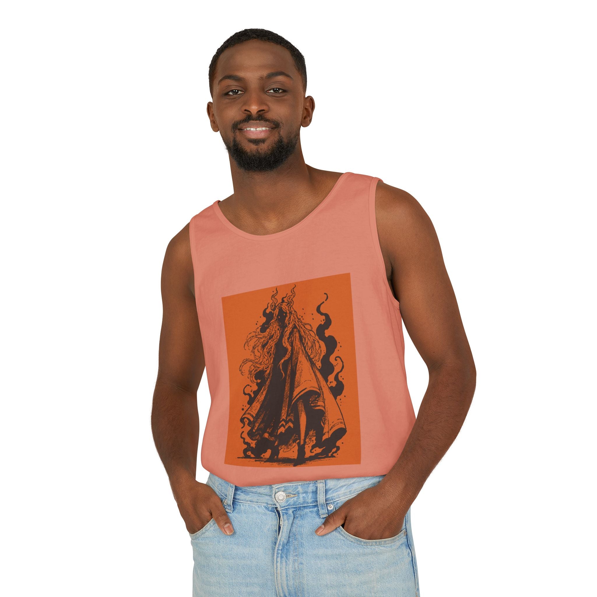 Blue Jean graphic tank top featuring The Void black-and-orange surreal angel artwork by Anna Aguiar.