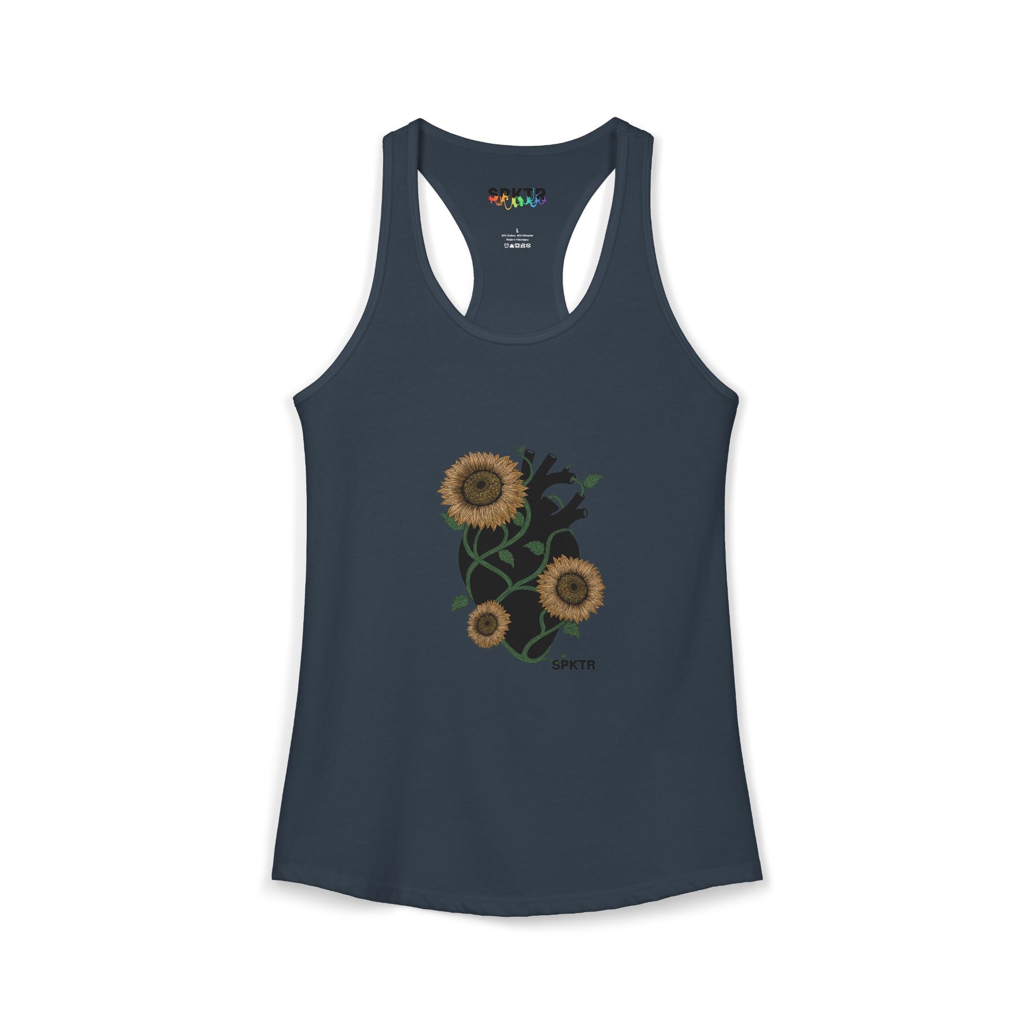 Solid Hot Pink women's racerback tank top featuring the Florescer sunflower-and-heart neurodiversity design.