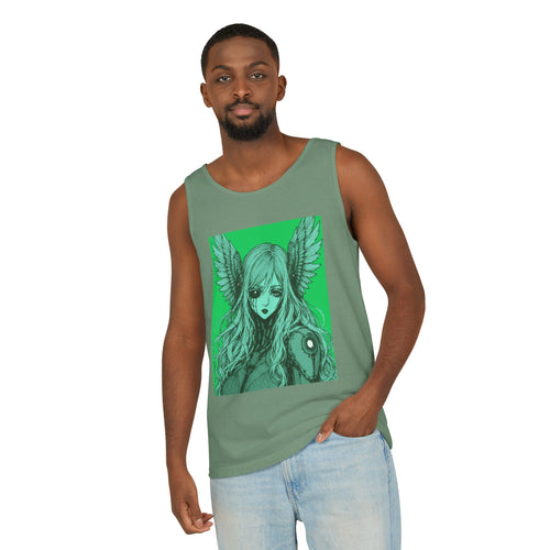 Island Reef graphic tank top featuring Angel Cyborg I green cybernetic angel artwork by Anna Aguiar.