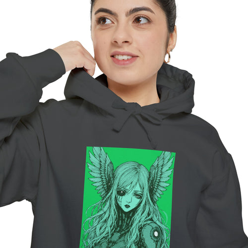 Denim hoodie featuring Angel Cyborg I green cybernetic angel artwork by Anna Aguiar.