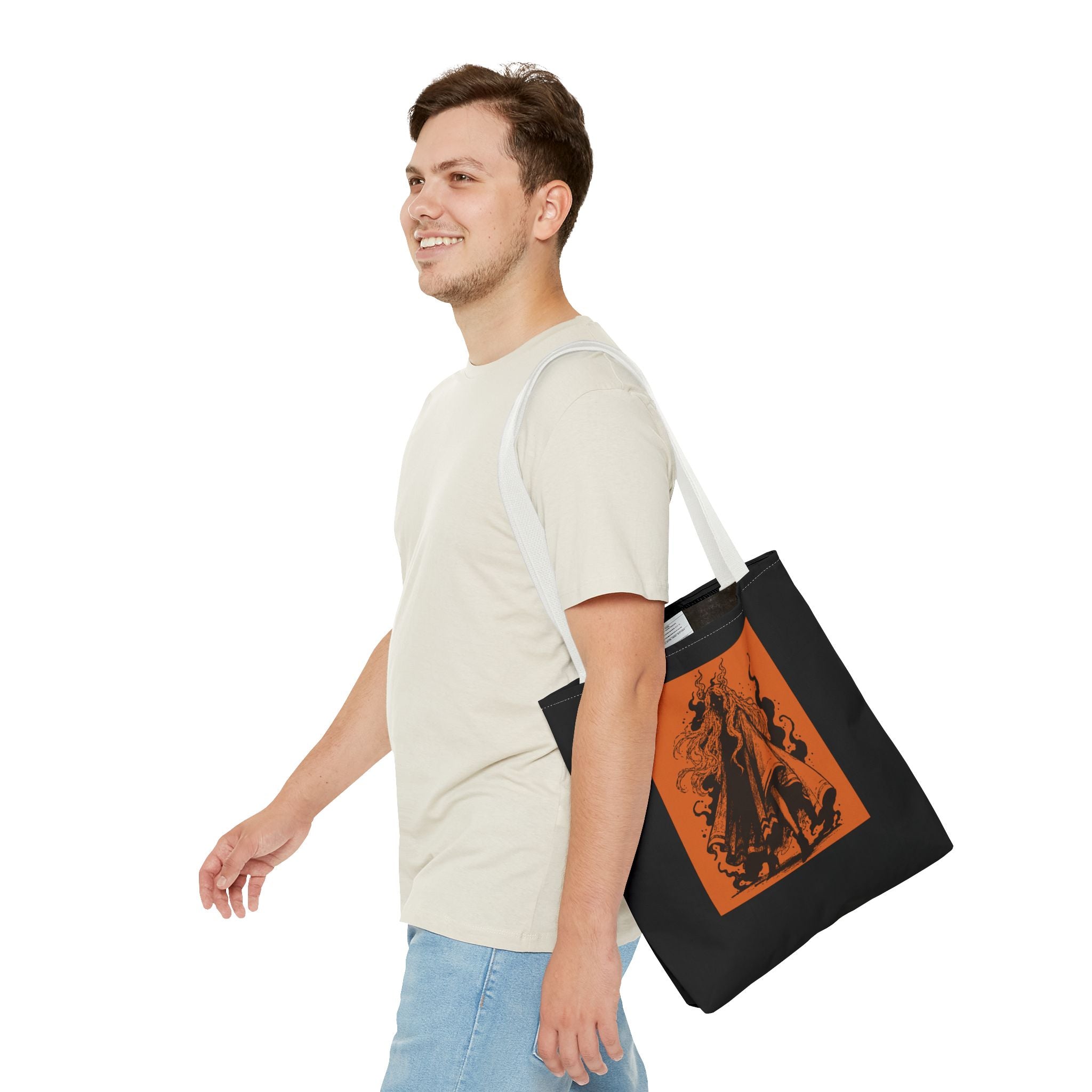 18" x 18 in White-handle tote bag featuring The Void black-and-orange surreal angel artwork by Anna Aguiar.