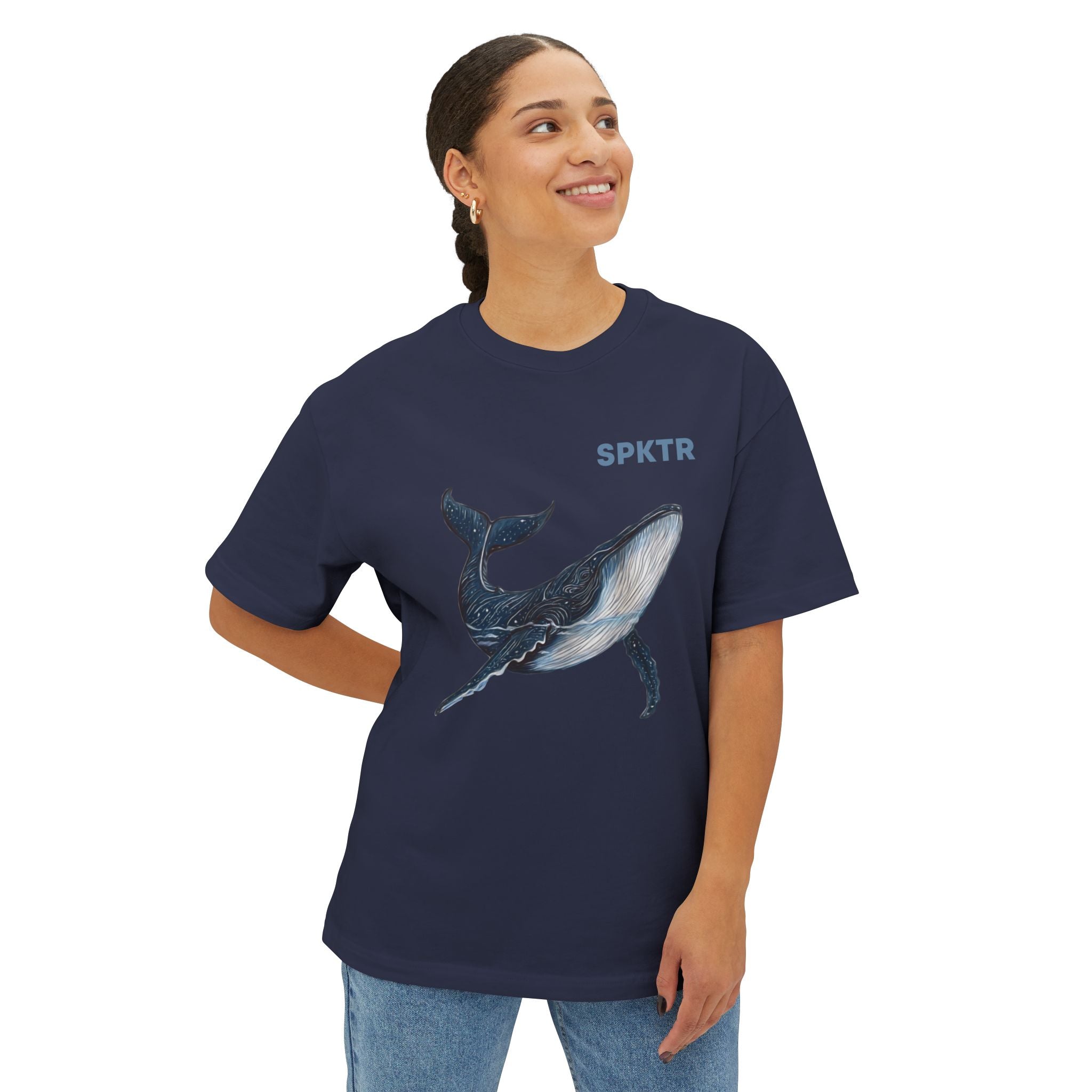 Athletic Heather oversized T-shirt featuring Leo the Blue Whale hand-drawn ocean illustration by Do Carmo.