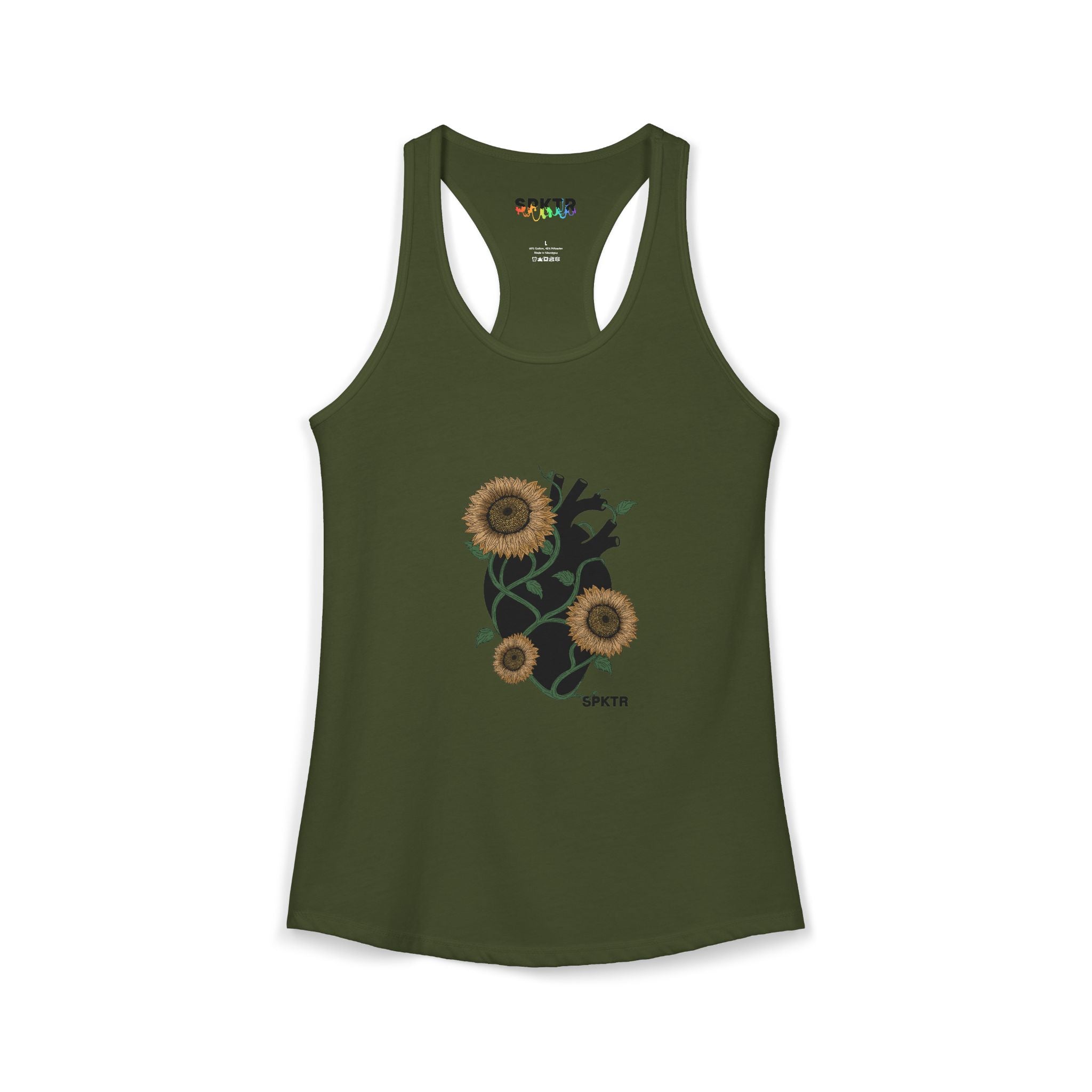 Solid Black women's racerback tank top featuring the Florescer sunflower-and-heart neurodiversity design.