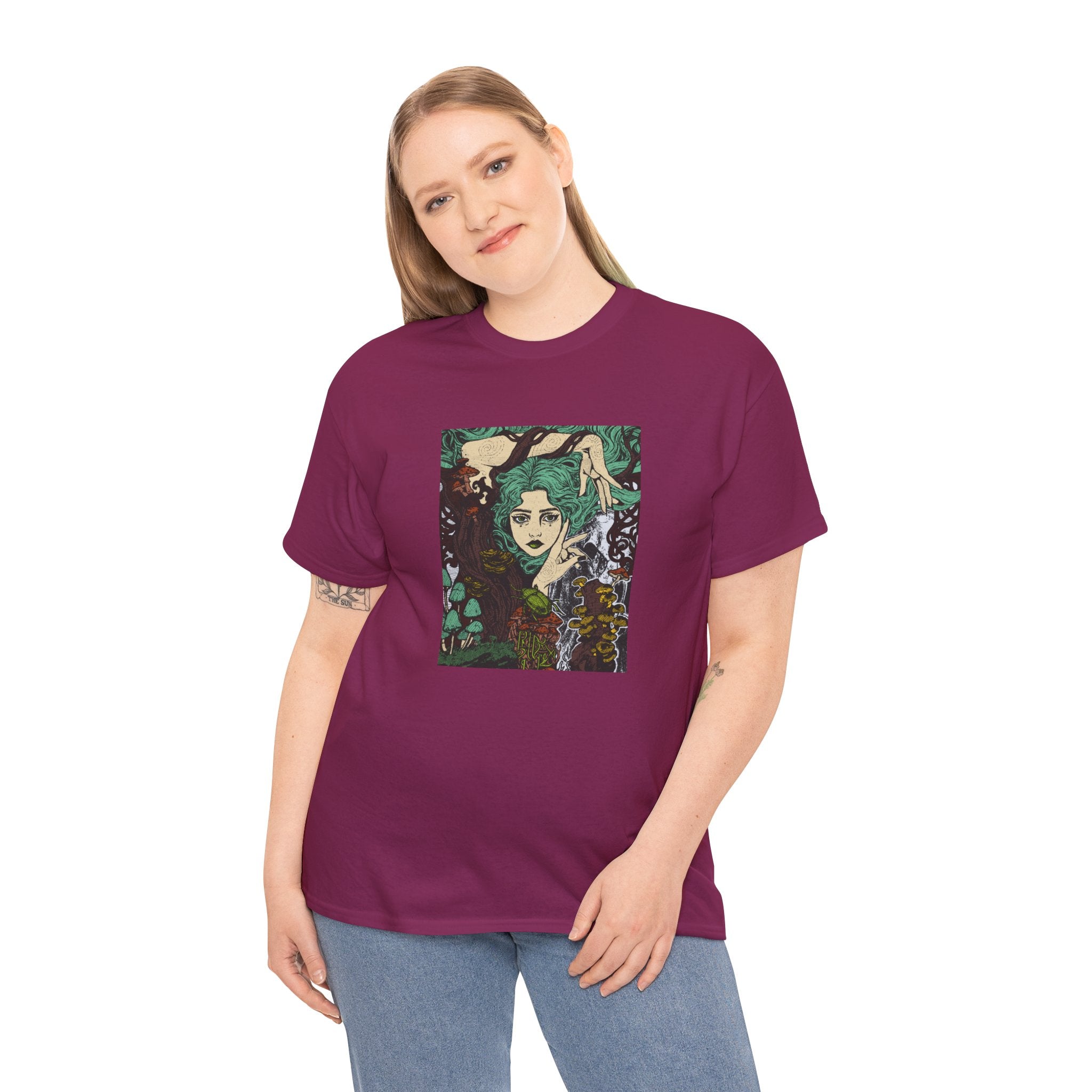 Yellow Haze T-shirt featuring Aquela que Germina na Morte dark-fantasy woman and woodland artwork by Anna Aguiar.