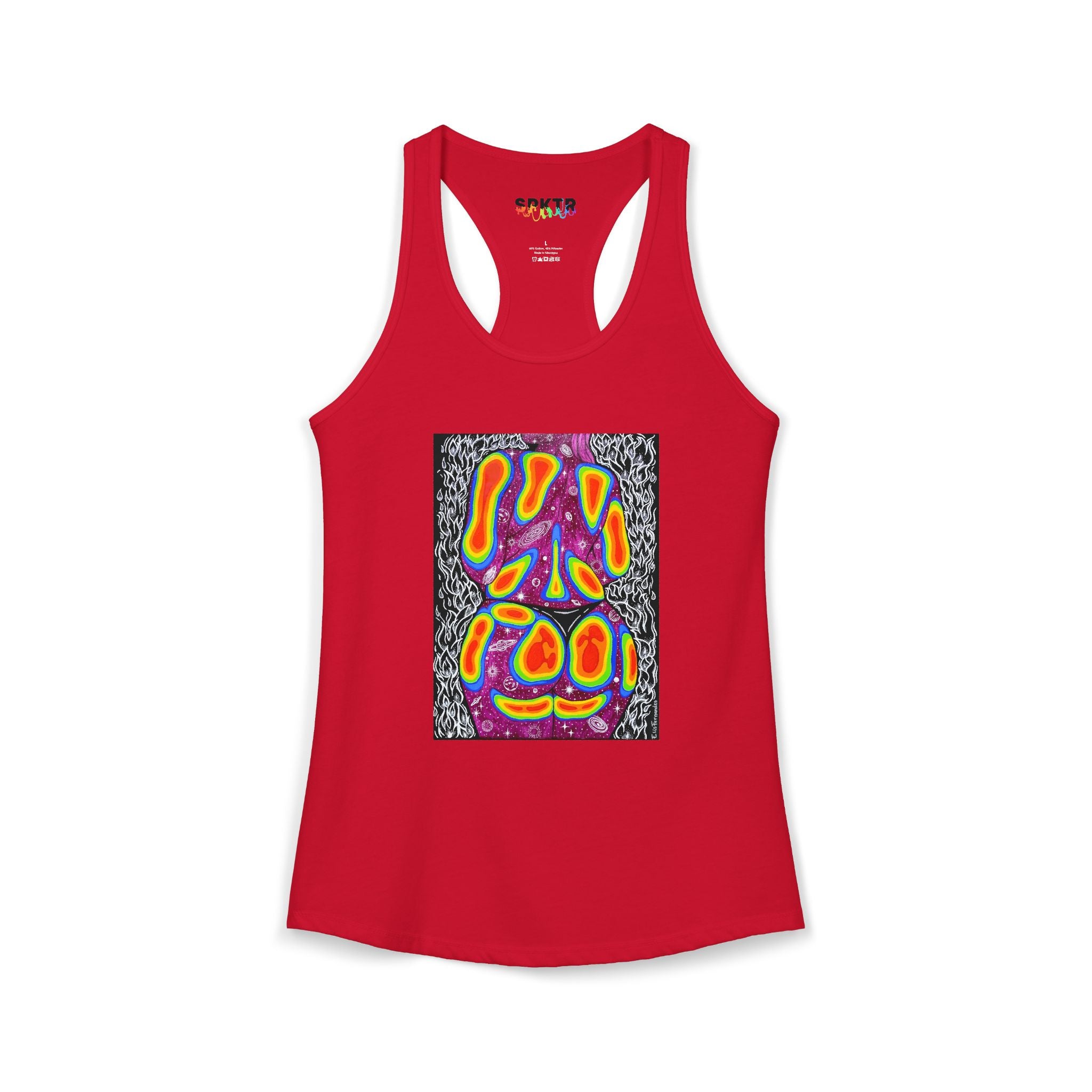 Solid Dark Gray women's racerback tank top featuring Mulher, Um Universo cosmic portrait artwork by Elis Fernandes.