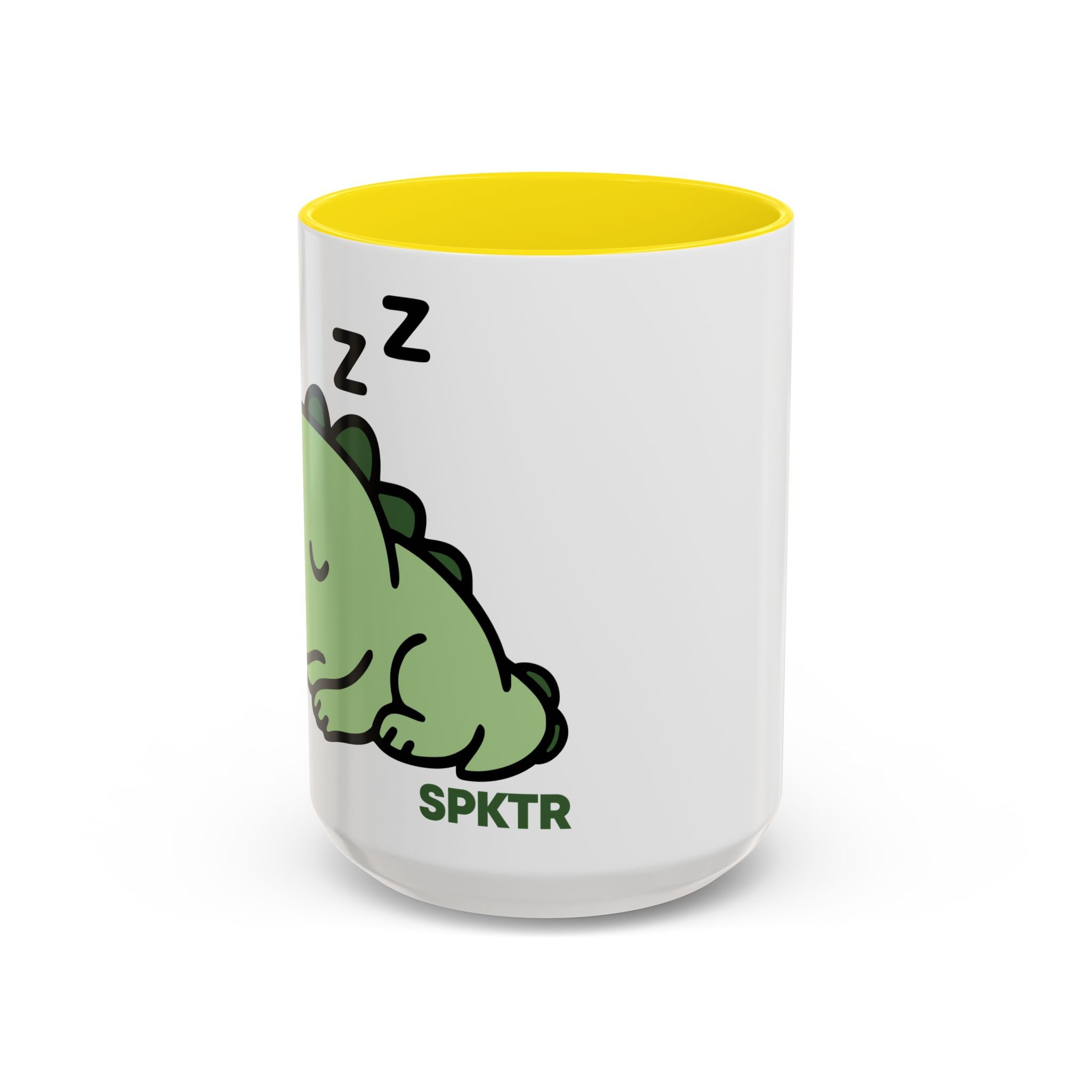 15 oz Light Blue-accent accent coffee mug featuring Sleepy Teeny-Rex cute sleeping dinosaur illustration.