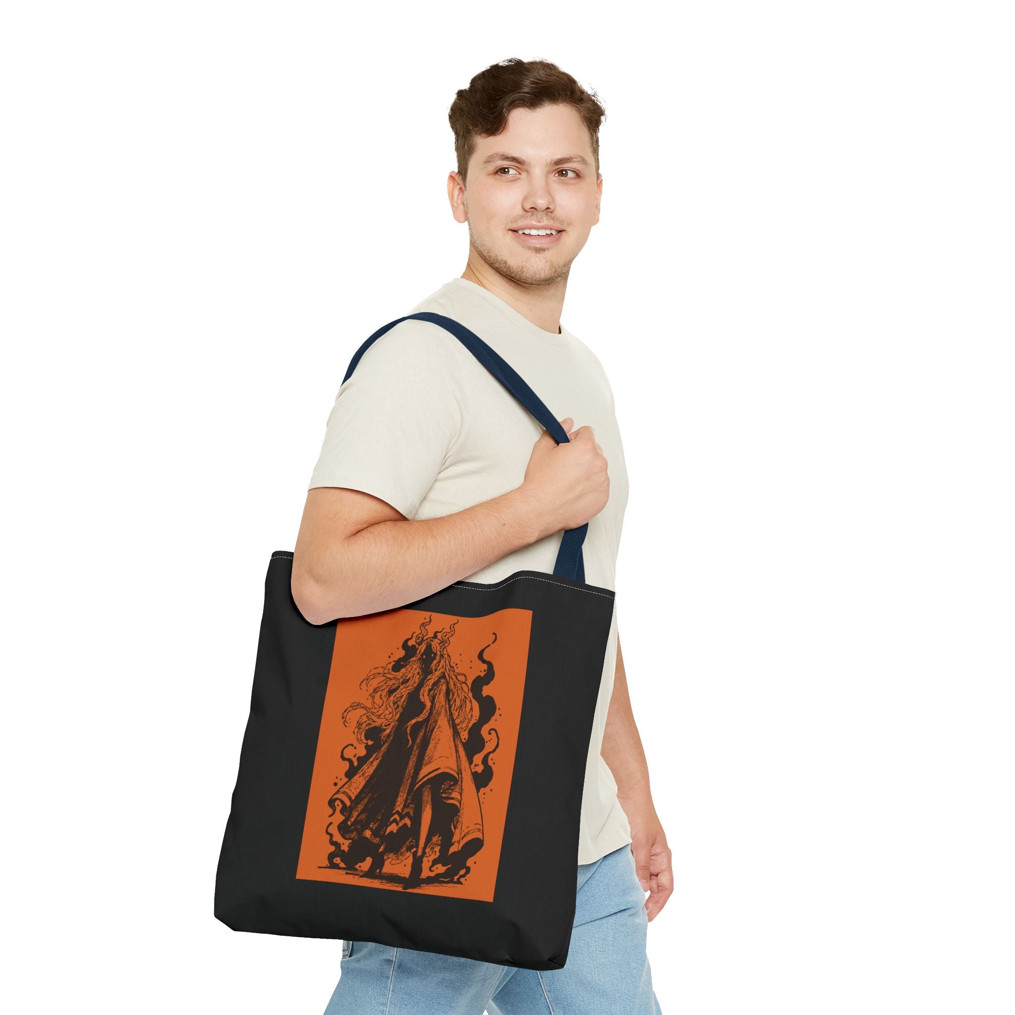 16" x 16 in Navy-handle tote bag featuring The Void black-and-orange surreal angel artwork by Anna Aguiar.