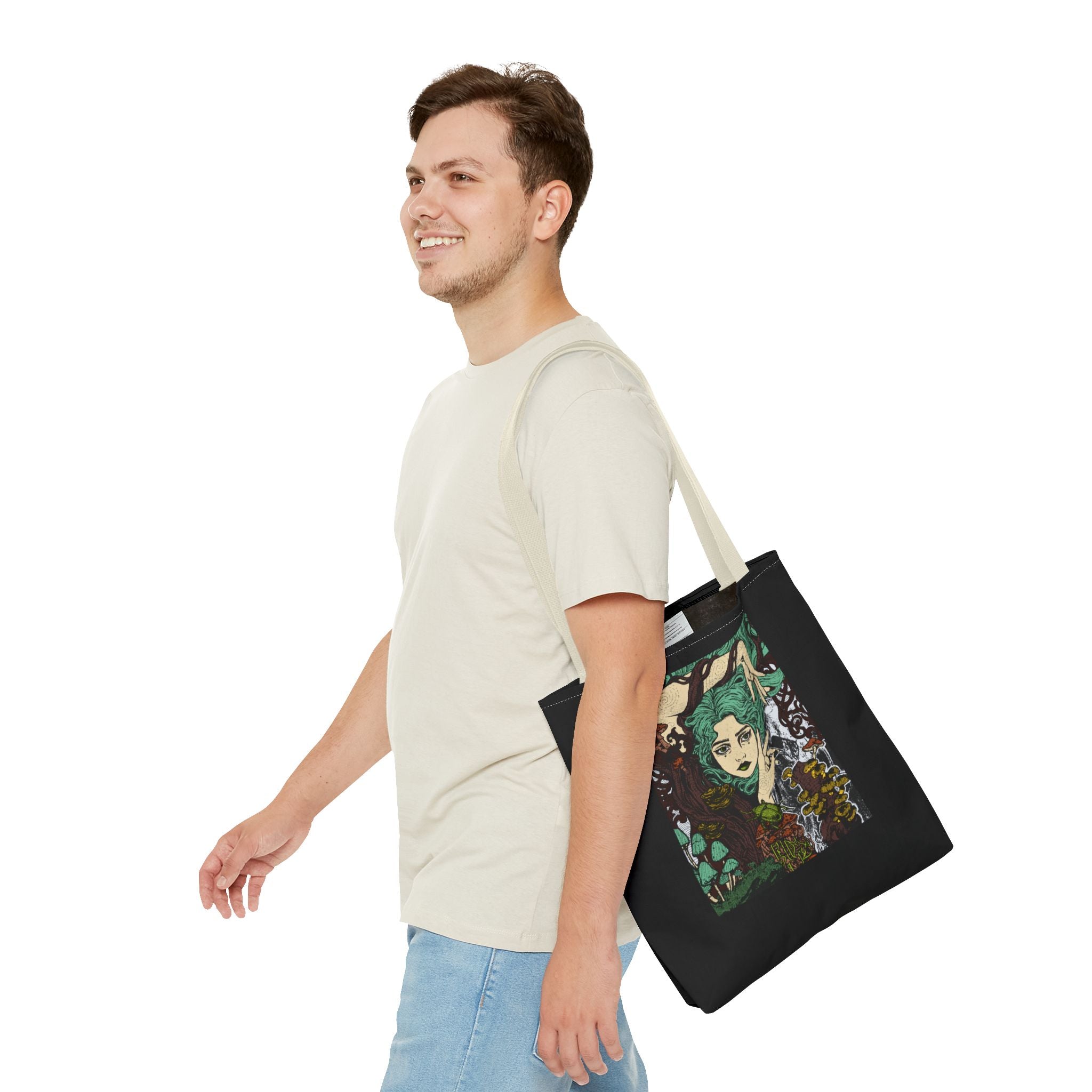 18" x 18 in Beige-handle tote bag featuring Aquela que Germina na Morte dark-fantasy woman and woodland artwork by Anna Aguiar.