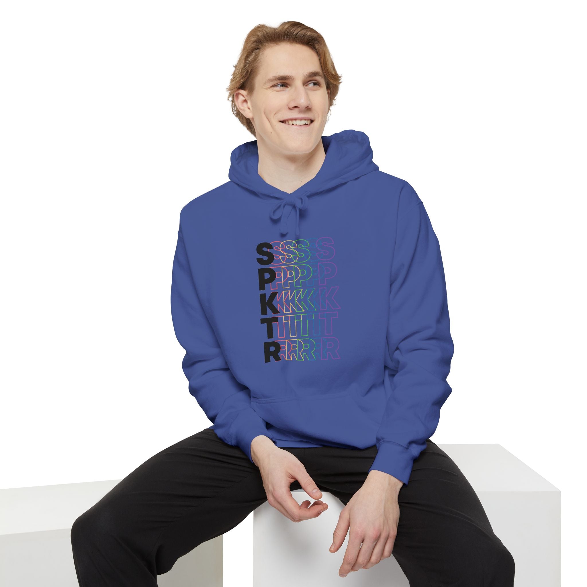 Seafoam hoodie featuring the SPKTR Pride rainbow design celebrating neurodiversity and LGBTQIA+ pride.
