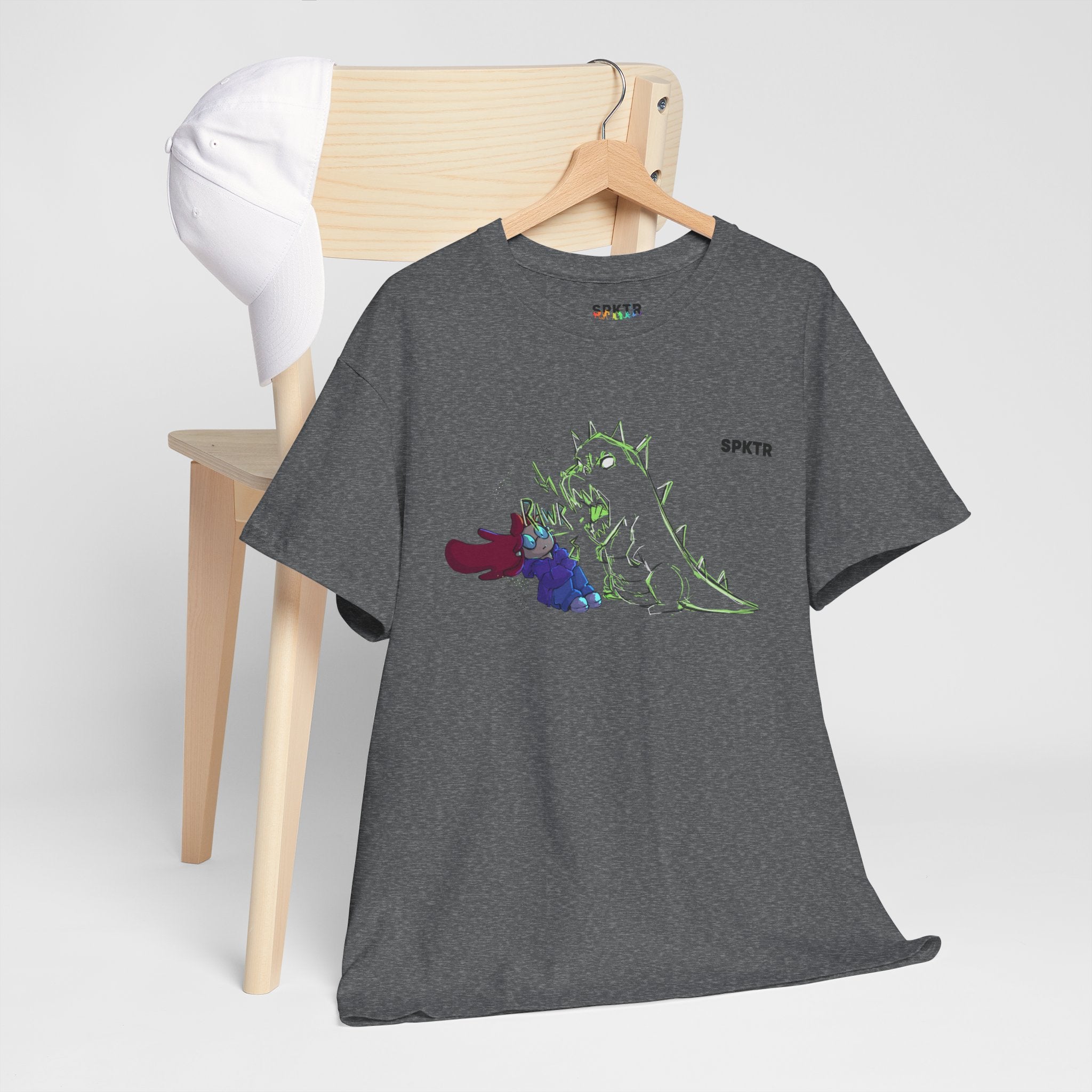 Lilac T-shirt featuring RAWR! girl and roaring T-Rex artwork by Leticia Ribeiro.
