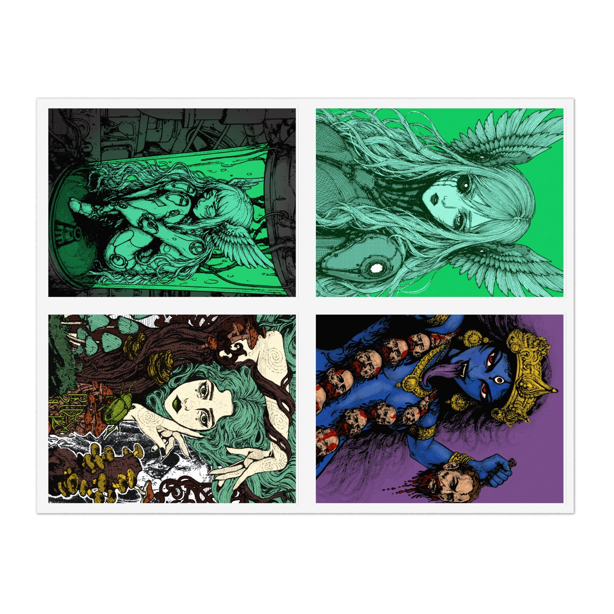 11" × 8.5" premium vinyl sticker sheet featuring Anna Aguiar dark-fantasy and cybernetic angel sticker collection.