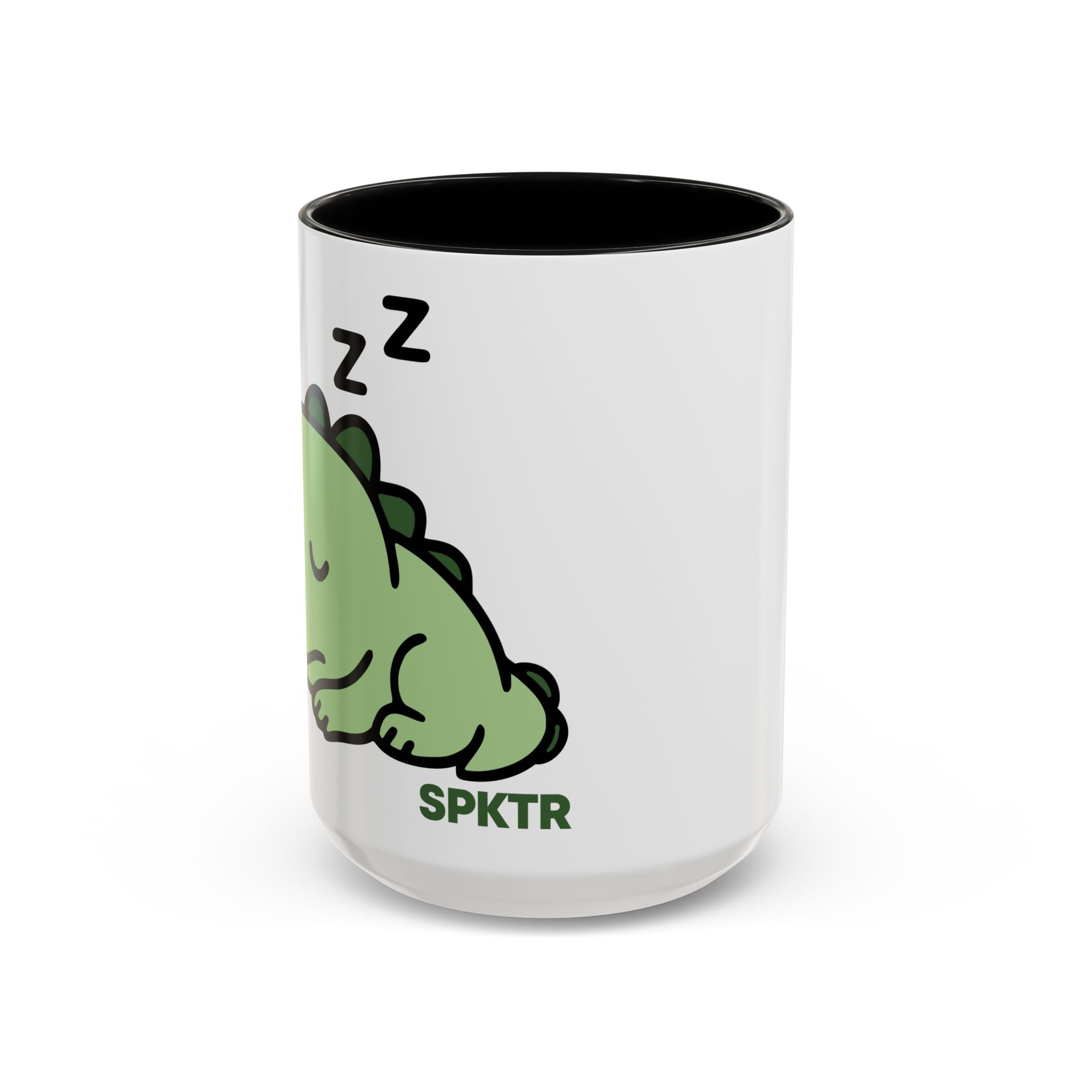11 oz Light Blue-accent accent coffee mug featuring Sleepy Teeny-Rex cute sleeping dinosaur illustration.