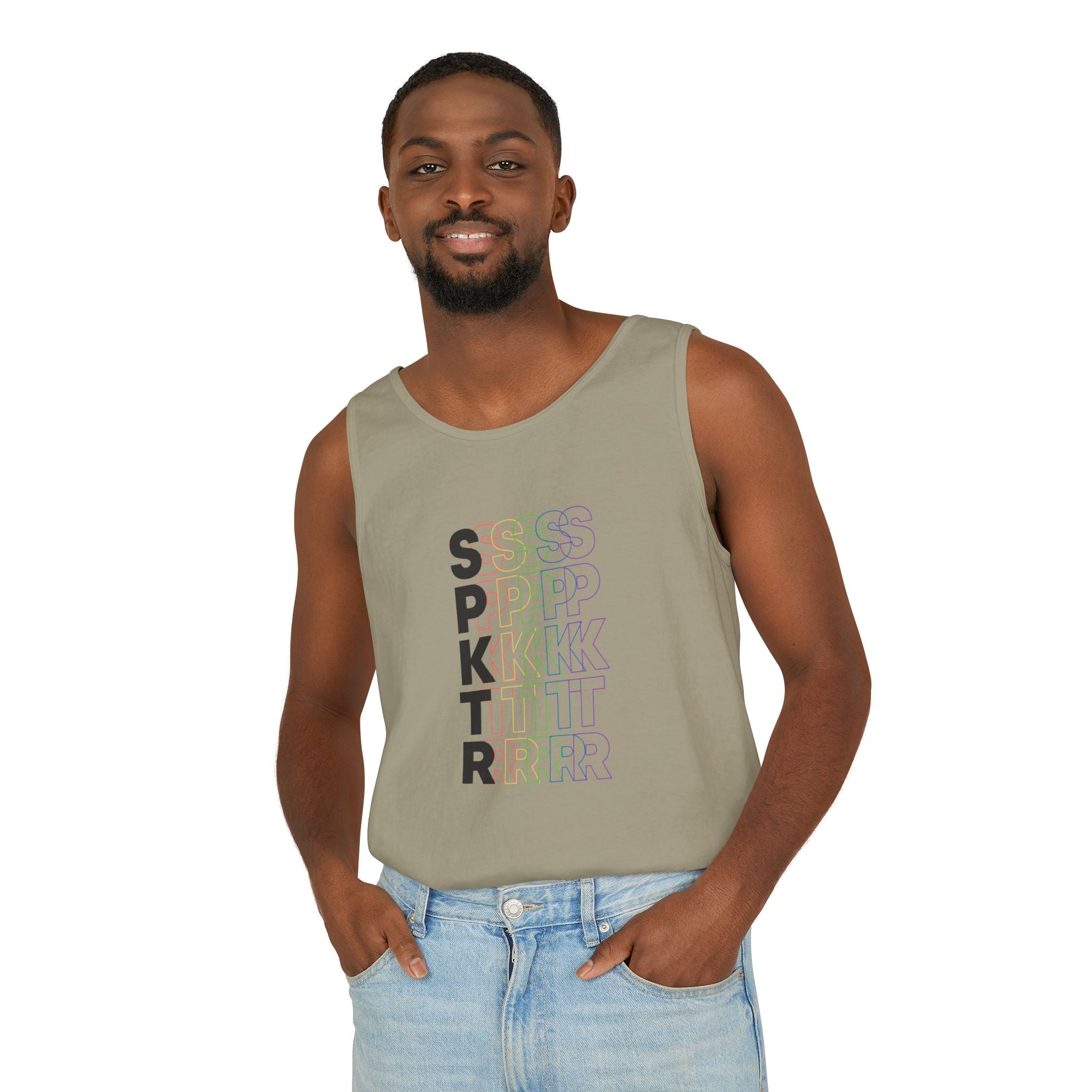 Blue Jean graphic tank top featuring the SPKTR Pride rainbow design celebrating neurodiversity and LGBTQIA+ pride.