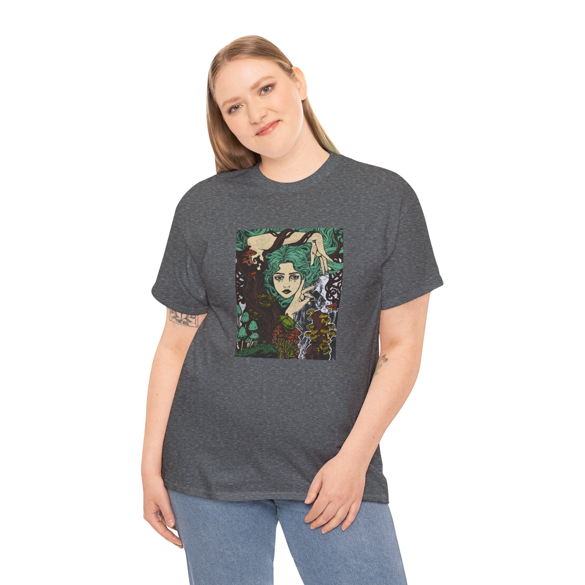Antique Orange T-shirt featuring Aquela que Germina na Morte dark-fantasy woman and woodland artwork by Anna Aguiar.