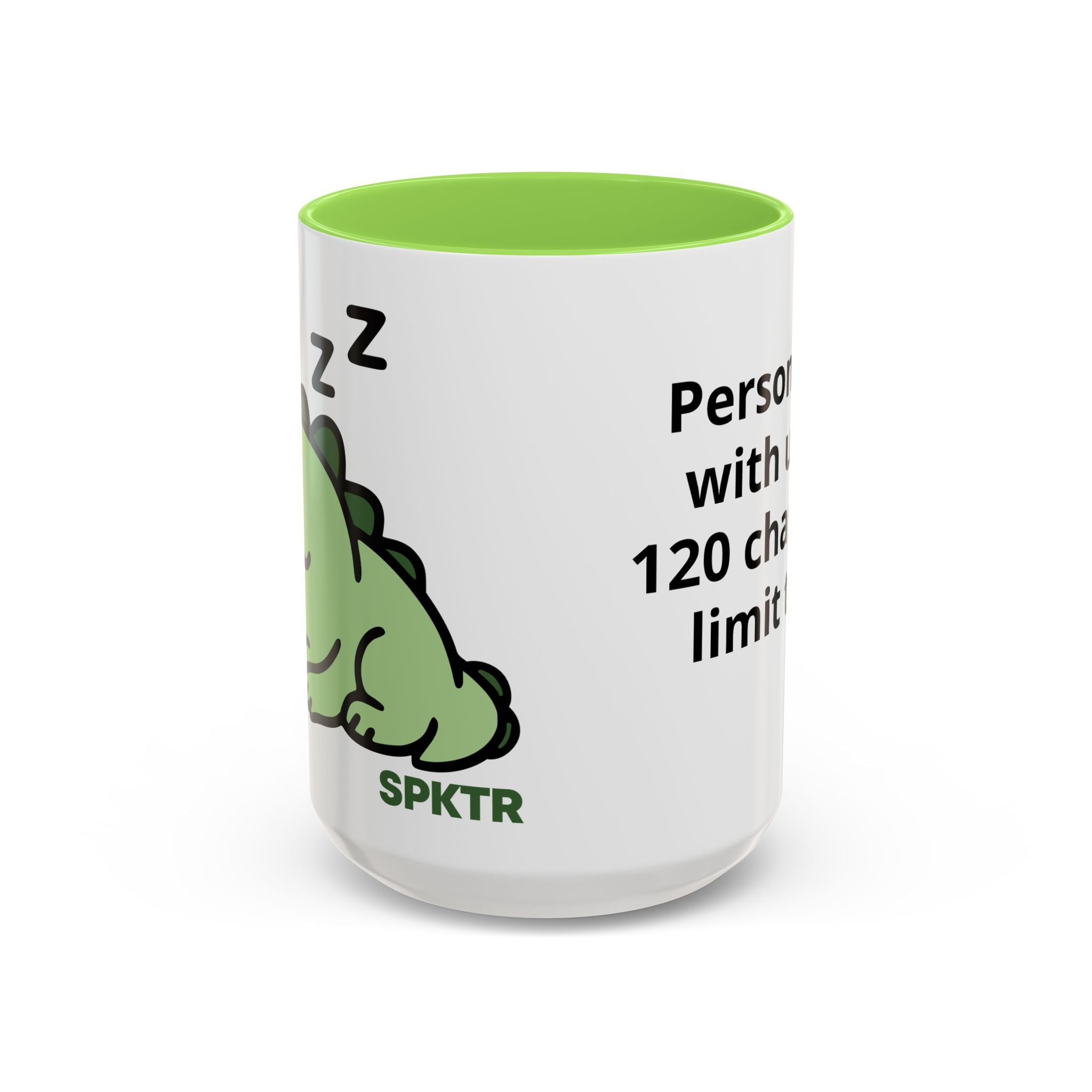 15 oz Light Green-accent personalized accent coffee mug featuring Sleepy Teeny-Rex cute sleeping dinosaur illustration.