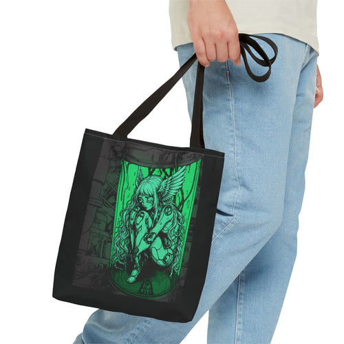 13" x 13 in Red-handle tote bag featuring Angel Cyborg I green cybernetic angel artwork by Anna Aguiar.