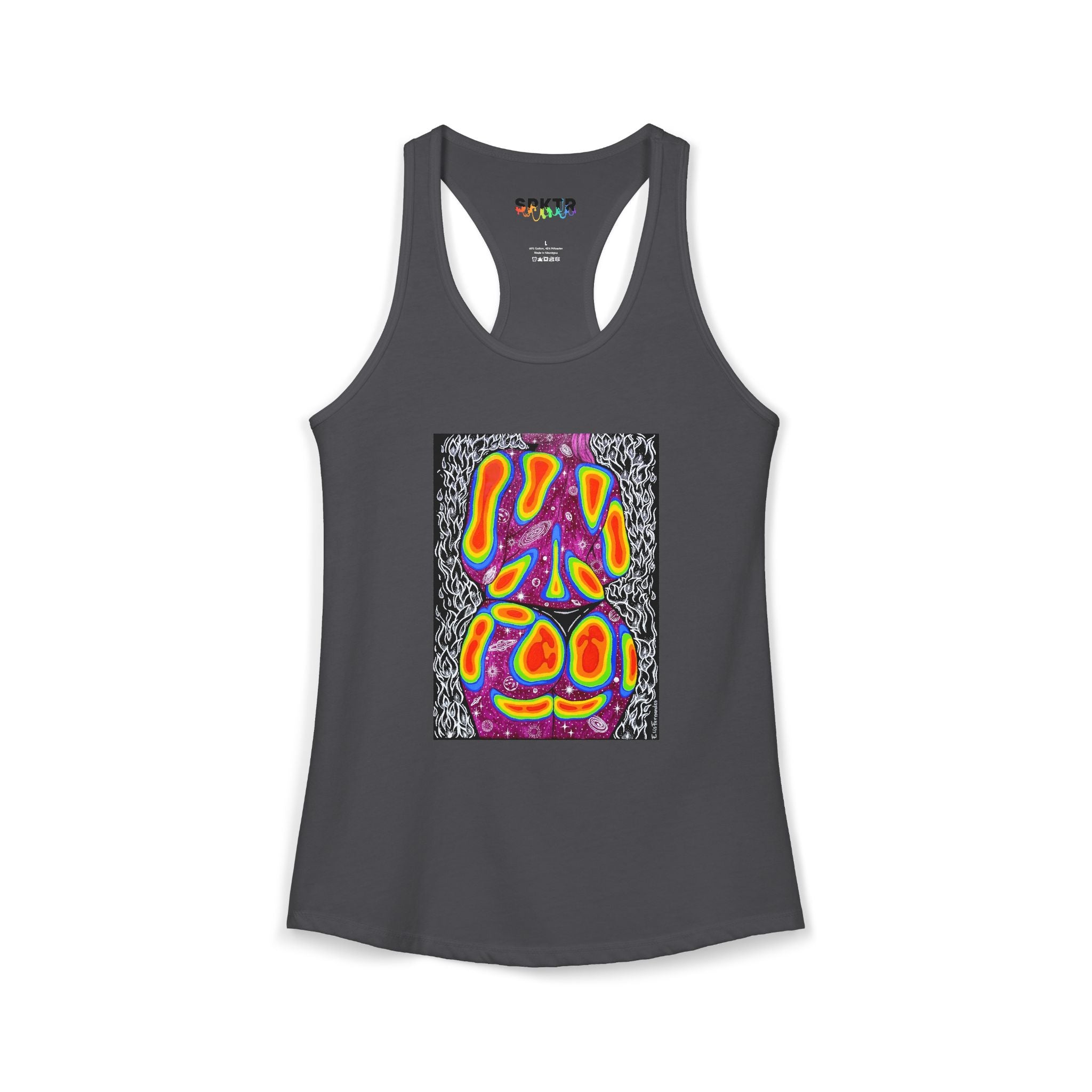 Solid Tahiti Blue women's racerback tank top featuring Mulher, Um Universo cosmic portrait artwork by Elis Fernandes.