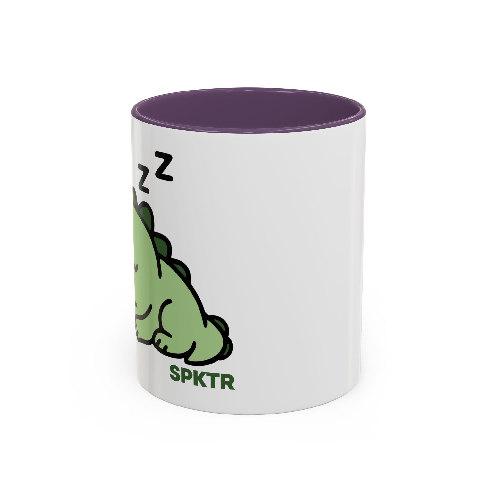 15 oz Yellow-accent accent coffee mug featuring Sleepy Teeny-Rex cute sleeping dinosaur illustration.