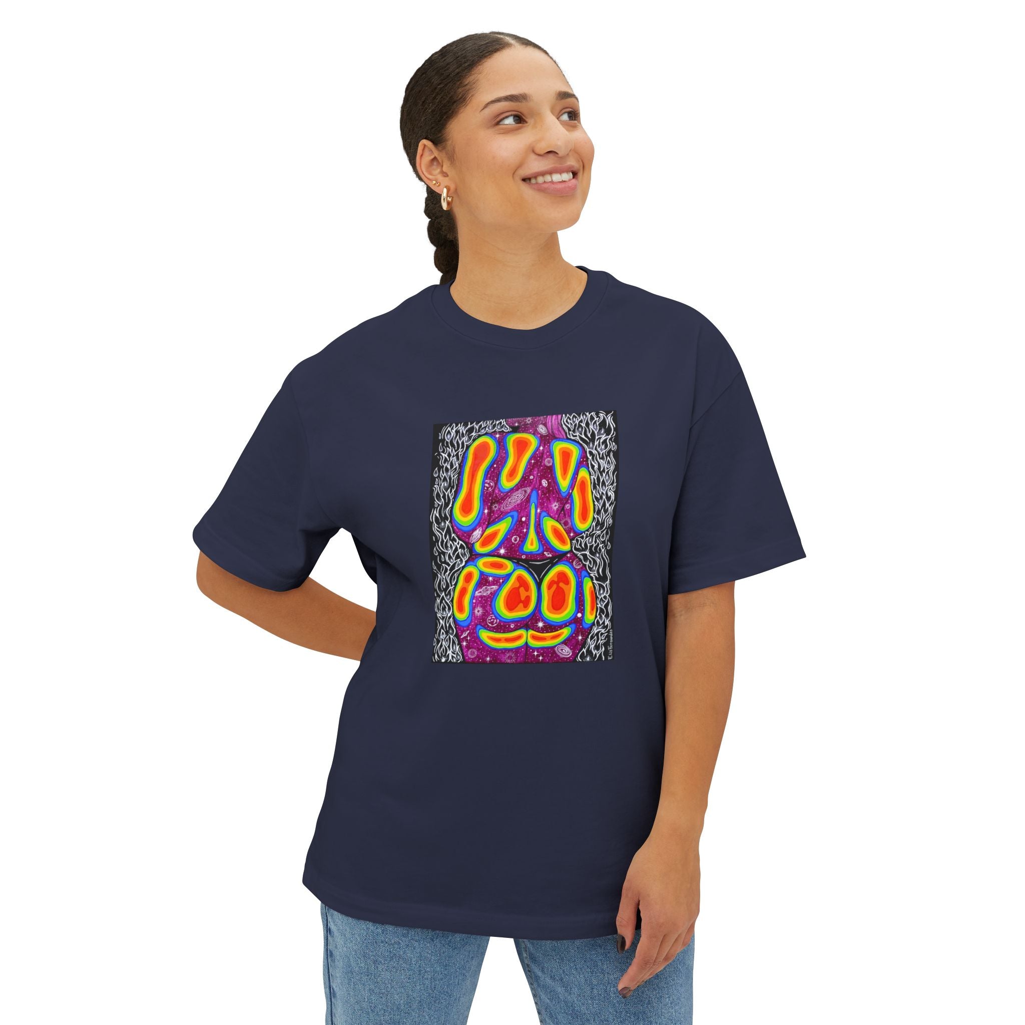 Athletic Heather oversized T-shirt featuring Mulher, Um Universo cosmic portrait artwork by Elis Fernandes.