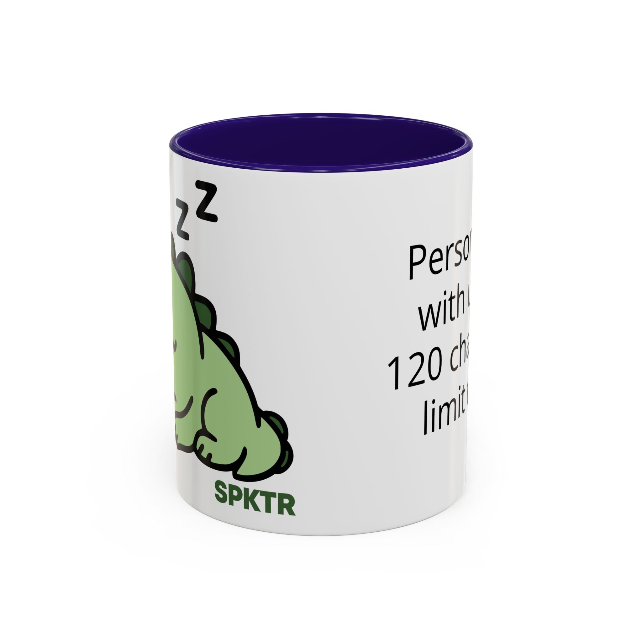 11 oz Cambridge Blue-accent personalized accent coffee mug featuring Sleepy Teeny-Rex cute sleeping dinosaur illustration.