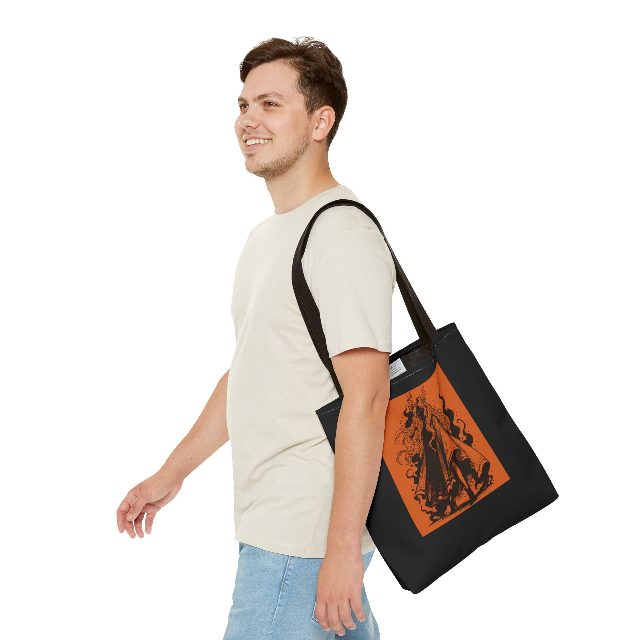 18" x 18 in Black-handle tote bag featuring The Void black-and-orange surreal angel artwork by Anna Aguiar.