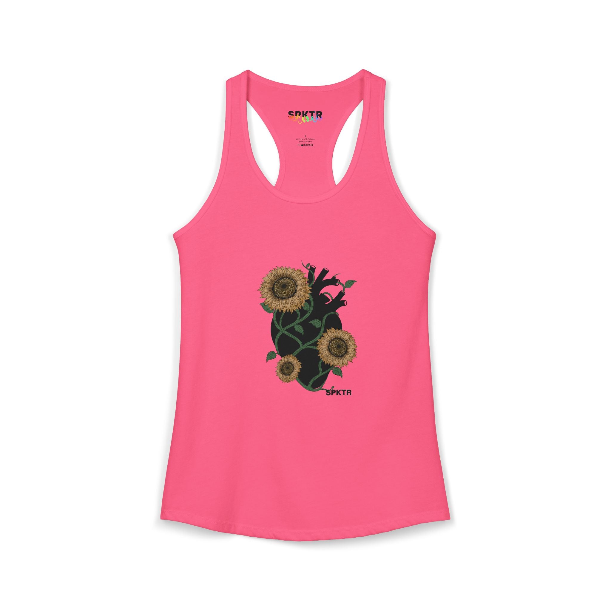 Solid Cardinal Red women's racerback tank top featuring the Florescer sunflower-and-heart neurodiversity design.