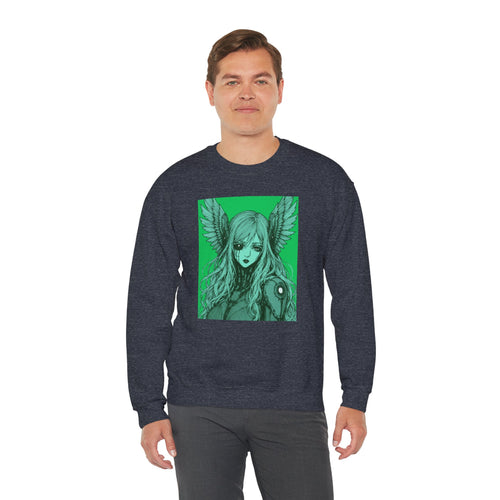 Charcoal crewneck sweatshirt featuring Angel Cyborg I green cybernetic angel artwork by Anna Aguiar.