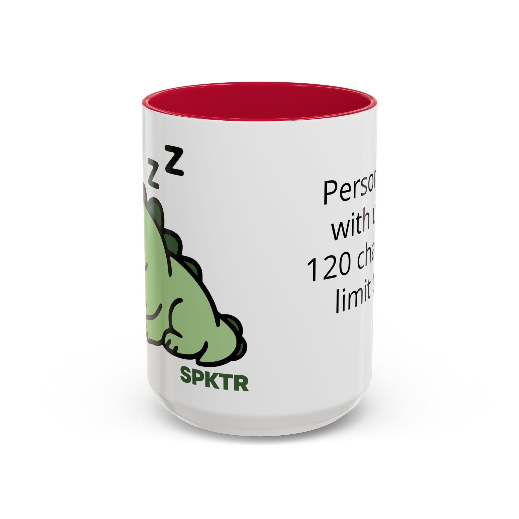 15 oz Red-accent personalized accent coffee mug featuring Sleepy Teeny-Rex cute sleeping dinosaur illustration.