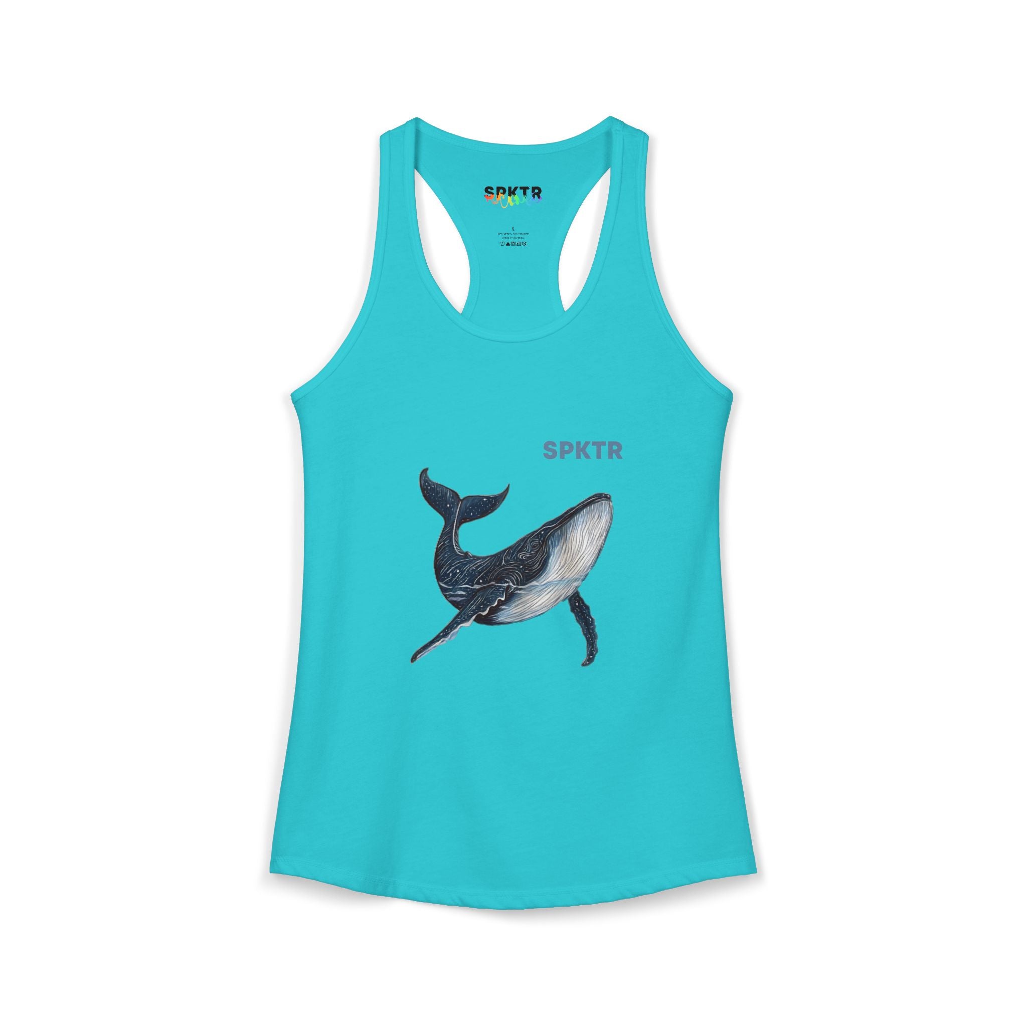 Solid Tahiti Blue women's tank top featuring Leo the Blue Whale hand-drawn ocean illustration by Do Carmo.