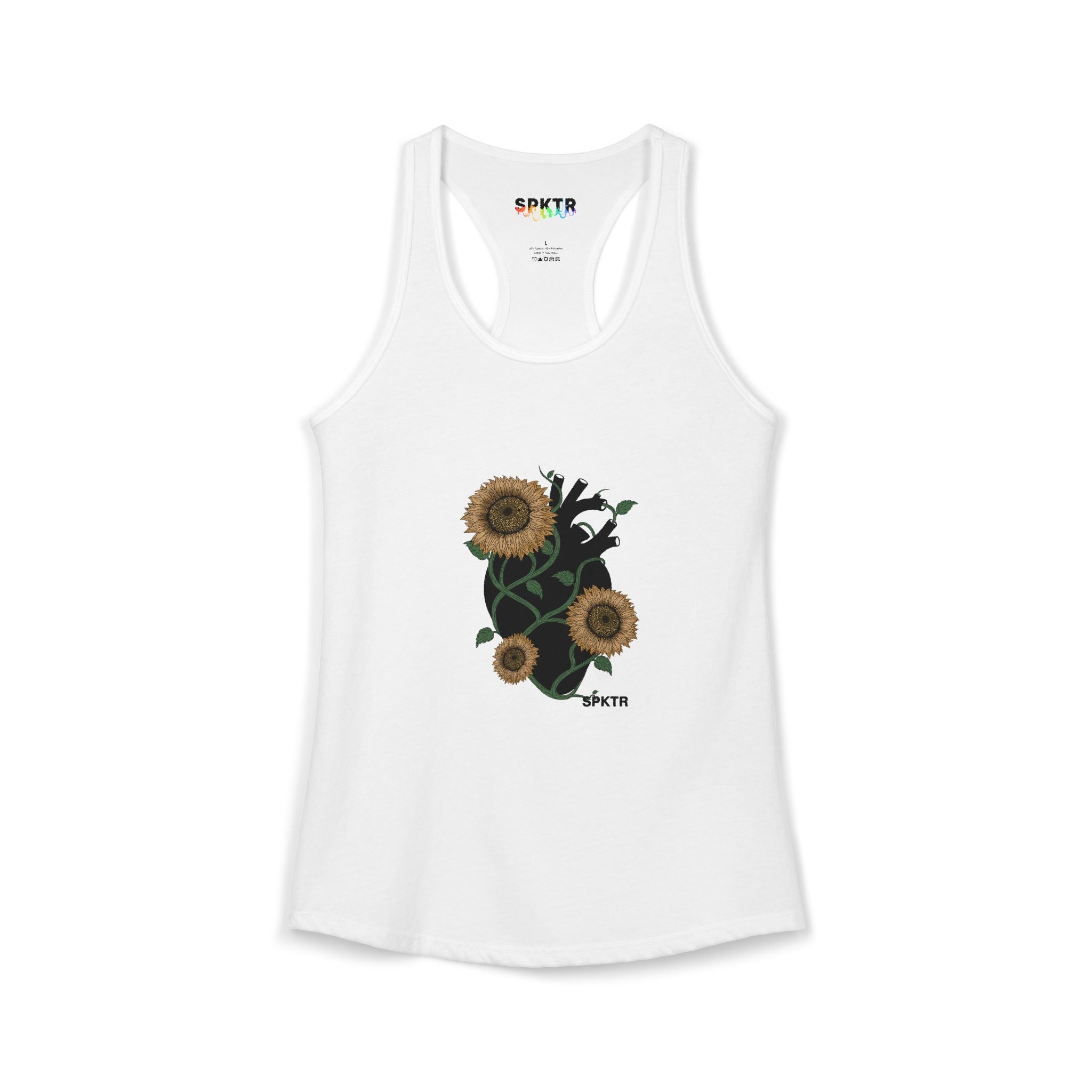 Solid Indigo women's racerback tank top featuring the Florescer sunflower-and-heart neurodiversity design.